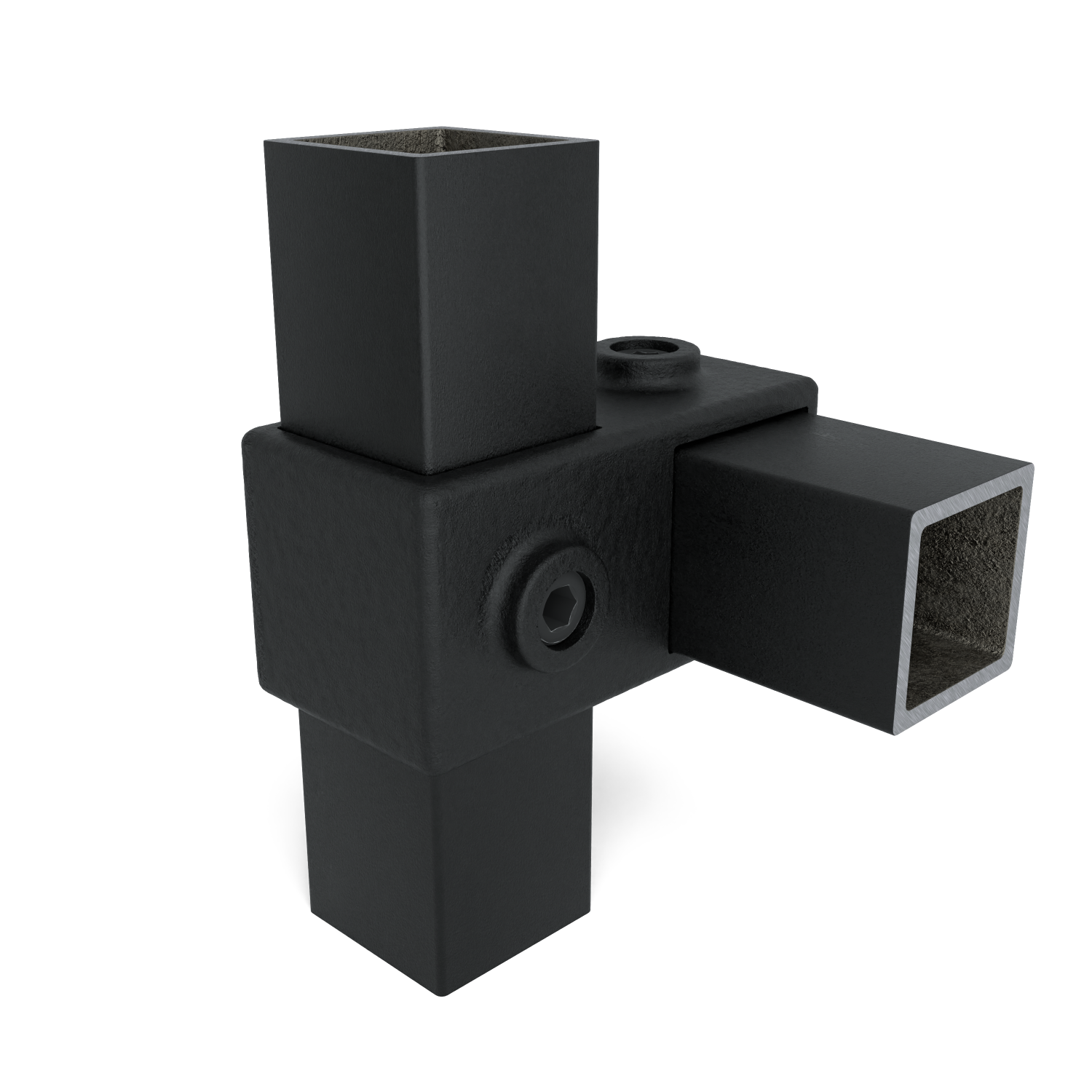 A black, matt metal corner connector that accommodates three square hollow sections. One tube points upwards, one downwards and one horizontally to the right. The fixing screws that secure the sections within the connector are visible.