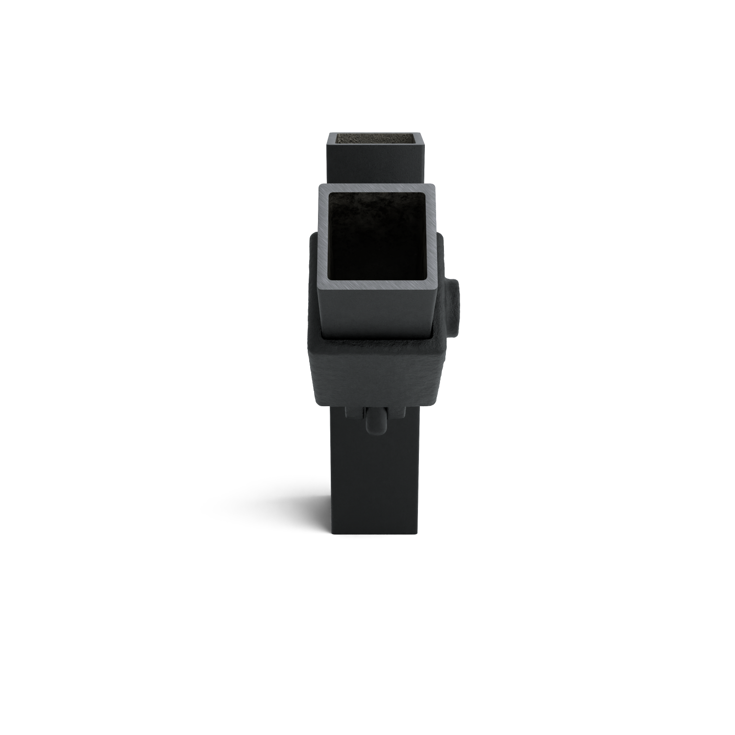 Dark grey or black metal part with a central square opening running through the middle. A smaller square element protrudes from the top. Rough, matt finish; connection or fastening at the bottom. On a white background with a slight shadow.