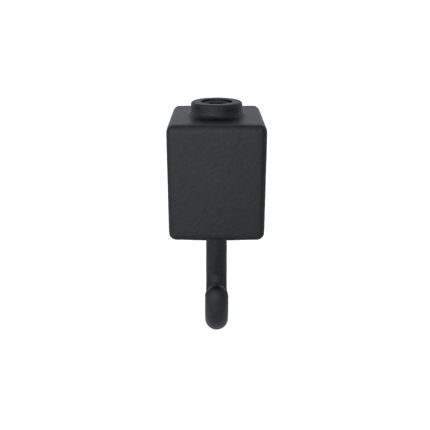 A single, matt black wall hook with a rectangular base. At the top, a round indentation indicating where it is to be fixed. At the bottom, a simple, rounded hook pointing forwards and downwards. Centred against a pure white background.