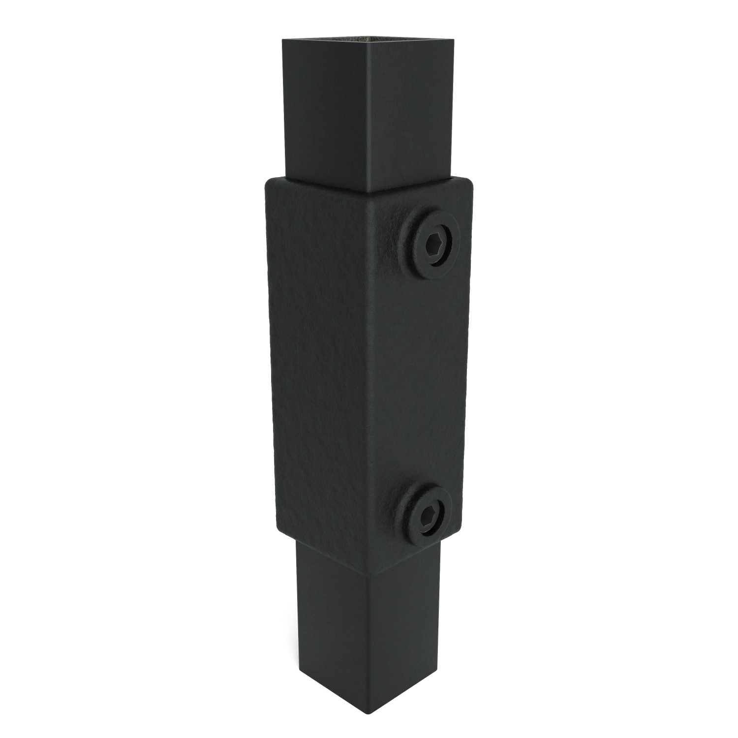 A vertical, black, sturdy metal connector with a rough texture, consisting of two square rods connected by a wider, central rectangular housing. Two hex socket screws are visible on opposite sides.