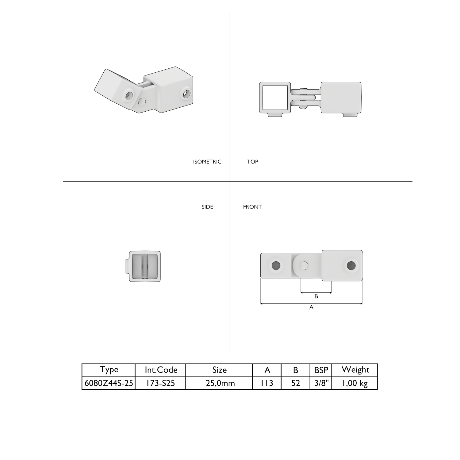 Raccord articulé réglable pour tubes carrés 25 mm, montré sous 4 angles : isométrique, dessus, côté, face. Raccord tubulaire pivotant pour assemblages mobiles, avec orifices de fixation. Dimensions et poids.
