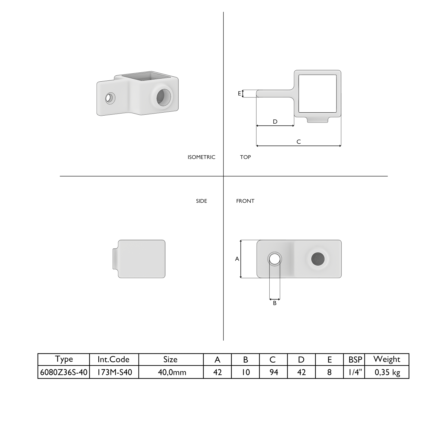 Metal connector with square opening, mounting flange and threaded hole. Technical drawing showing various views, dimensions and a specification table for type 6080Z36S-40, including size, weight and connection.
