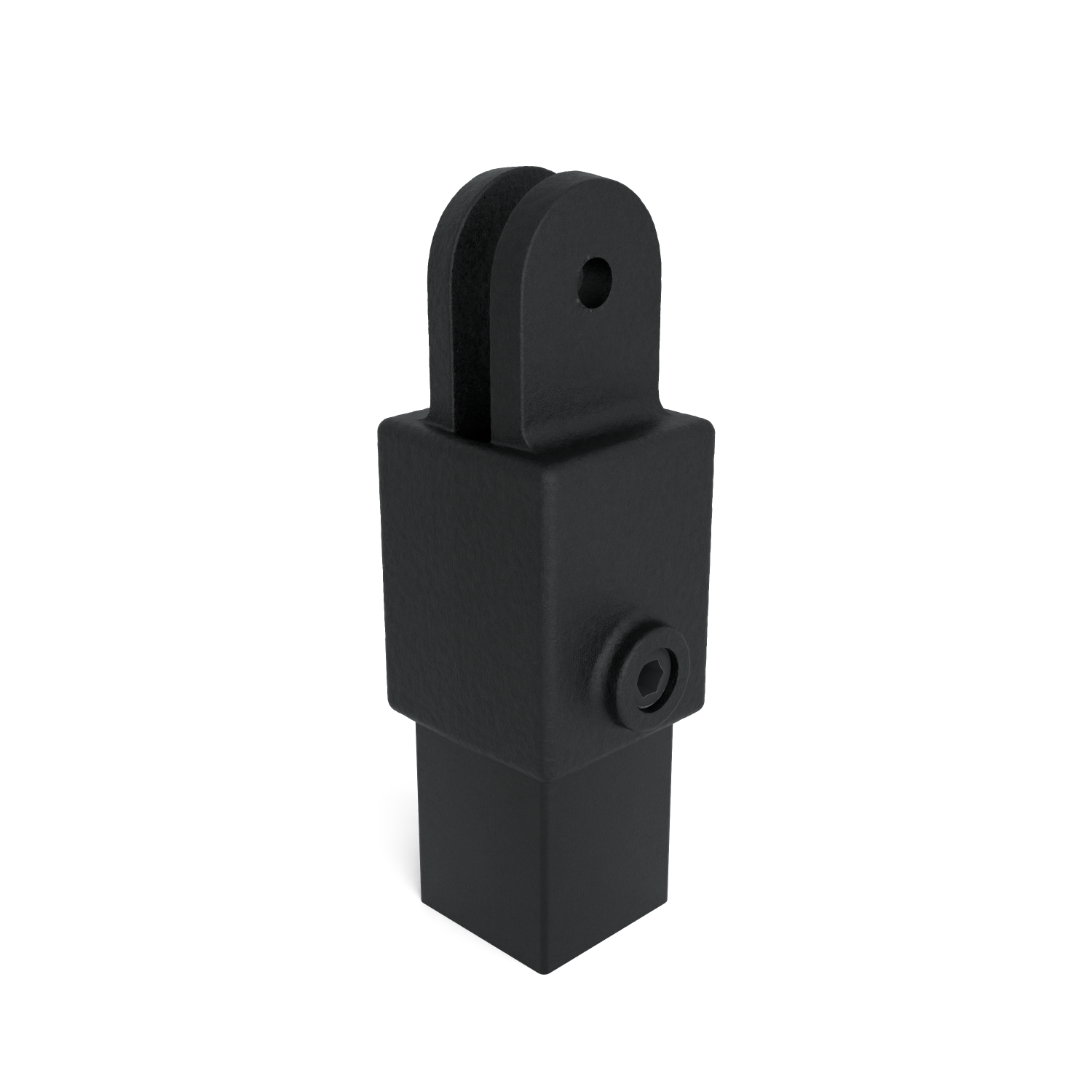 Black, matt metal mounting bracket with a square plug-in connection that merges into a wider body. At the top is a U-shaped articulated joint with a round hole. An Allen screw is visible on the side.
