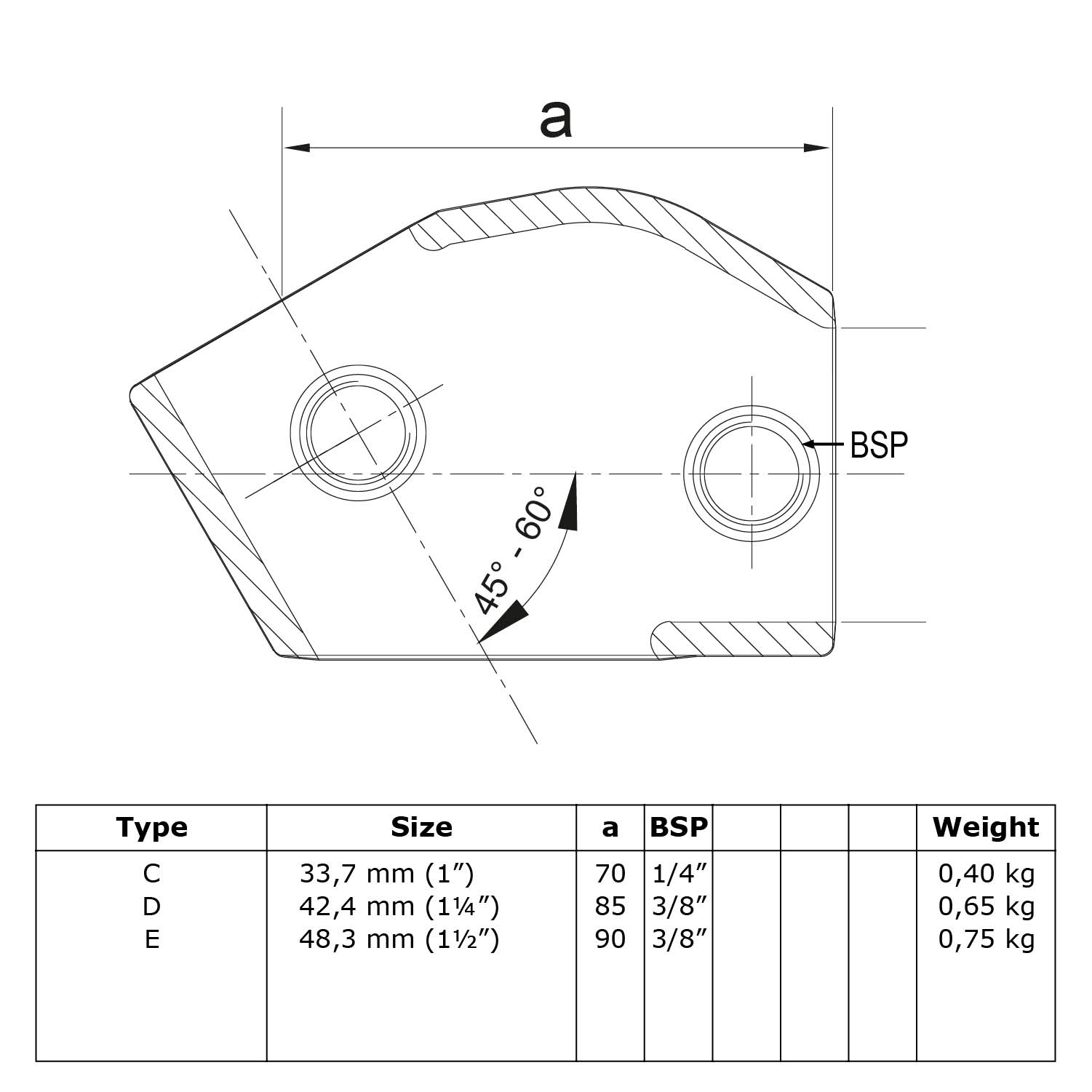 T-stück, kurz Verstellbar 30° - 60° 42,4 mm (1¼”)