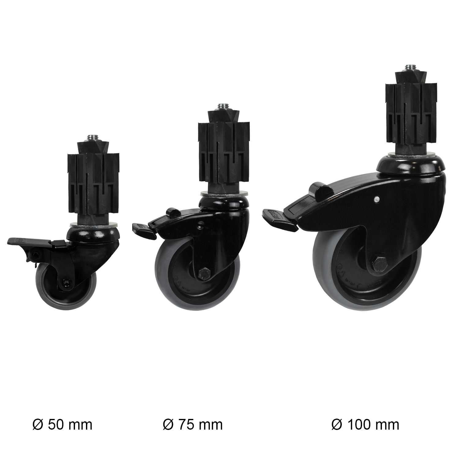 Schwenkrad schwarz mit Bremse Ø 100 mm. Inkl. Expander 40 x 40 mm für Stahlrohr quadratisch.