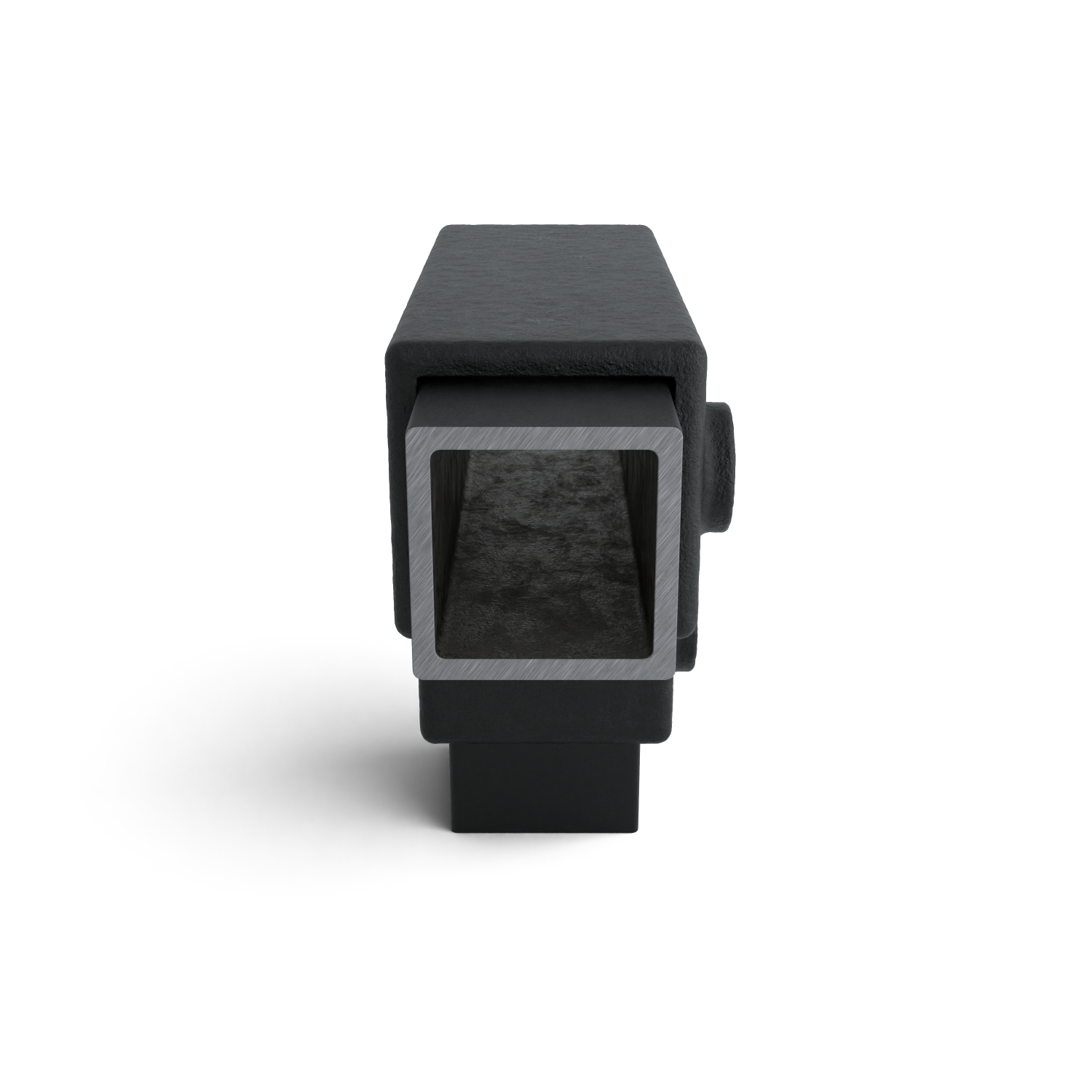 A matt dark grey, rectangular item stands upright. In the centre is a square cutout with inner walls of brushed metal. At the bottom is a small, rectangular base; to the right is a cylindrical bulge. A faint shadow on a white background.