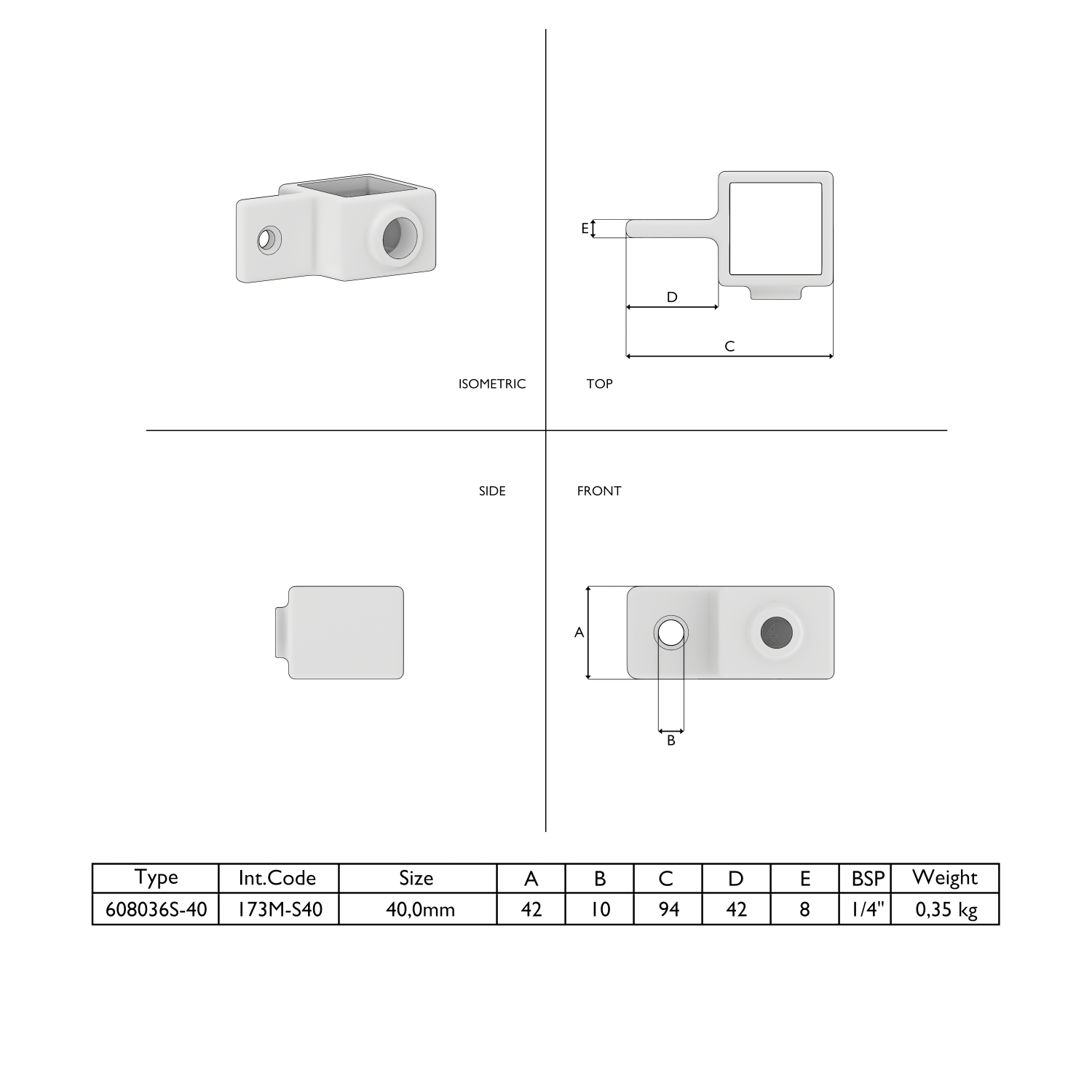 Technisches Diagramm einer weißen L-förmigen Rohrverbindung mit quadratischem Steckanschluss und flachem Befestigungsbereich mit zwei runden Öffnungen, eine für Gewinde. Ansichten (iso, oben, seite, vorne) mit Maßen; Tabelle mit Spezifikationen.