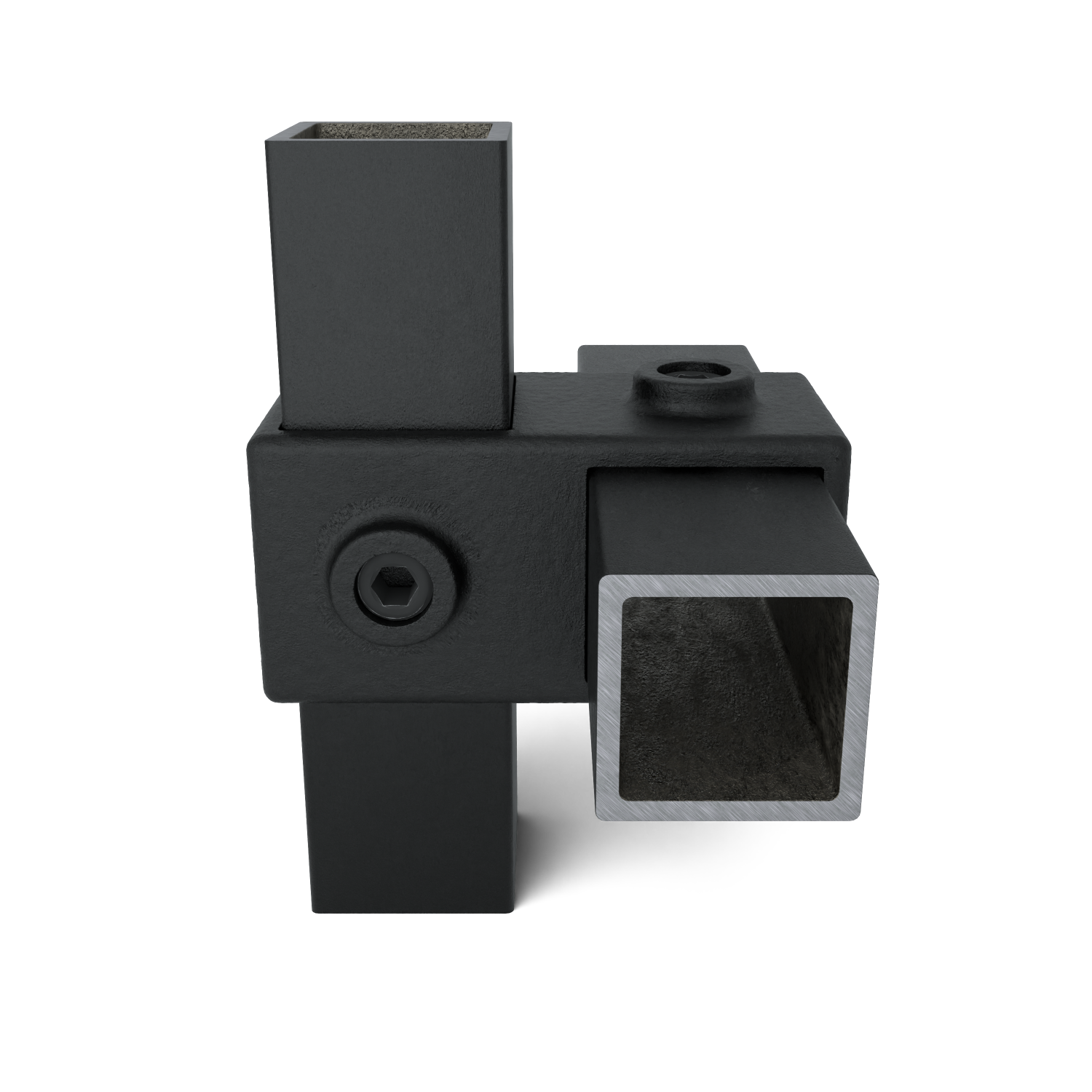Black, sturdy metal connector for square profiles. Central block with three square tubes: top, bottom and right. Right-hand tube open, silver rim, dark interior visible. With hex socket screws.