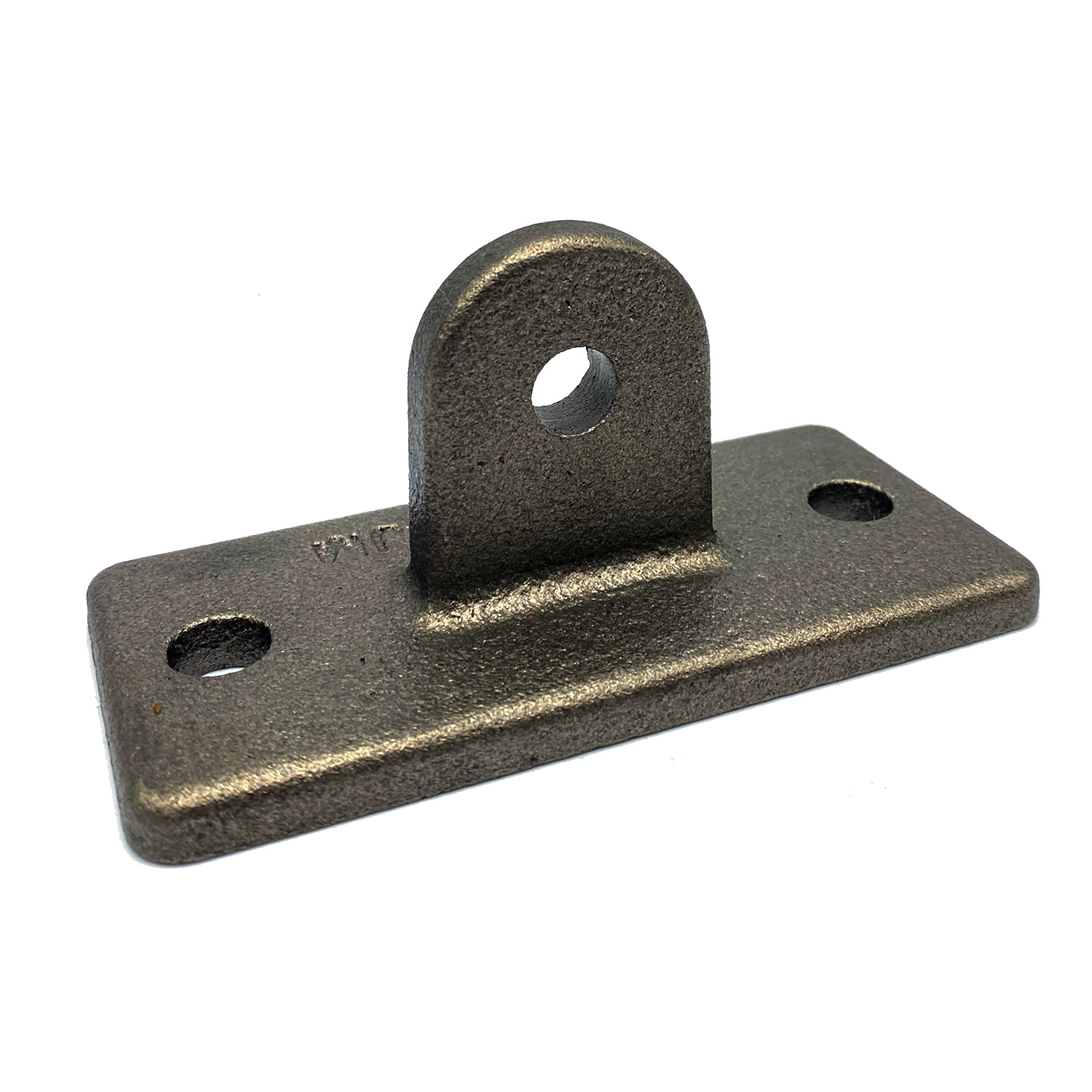 Dark grey to bronze-coloured metal holder with a flat base and an upright, rounded bracket. The bracket has a round opening for a pin/spindle. Rectangular base with rounded corners and two fixing holes. Articulated base holder.
