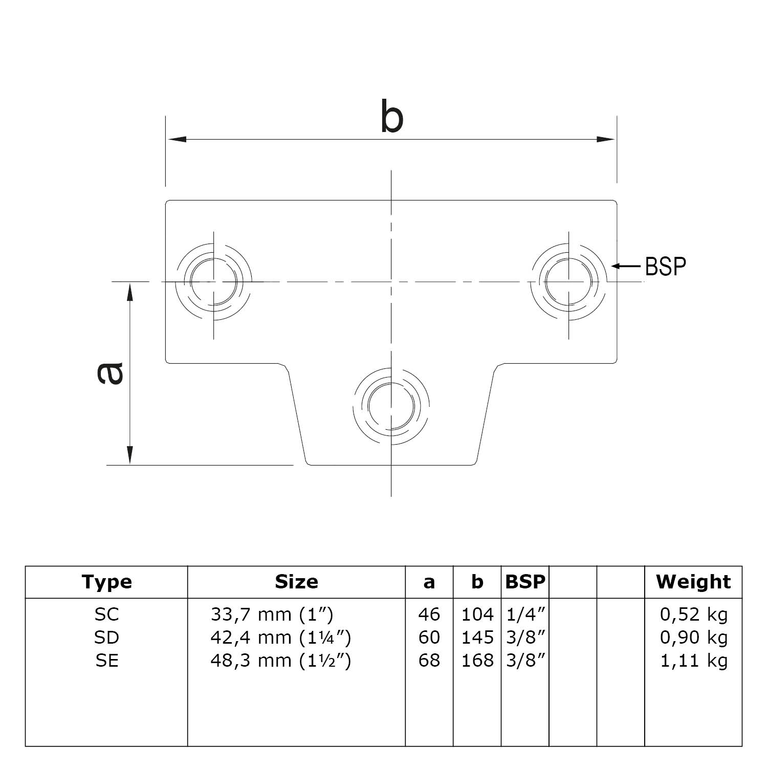  T-Stück, lang Variabler Winkel 0° - 11° 42,4 mm (1¼”)