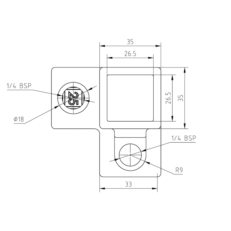 Dreiweg-Eckstück - 90° für quadratische Rohre - 25 mm