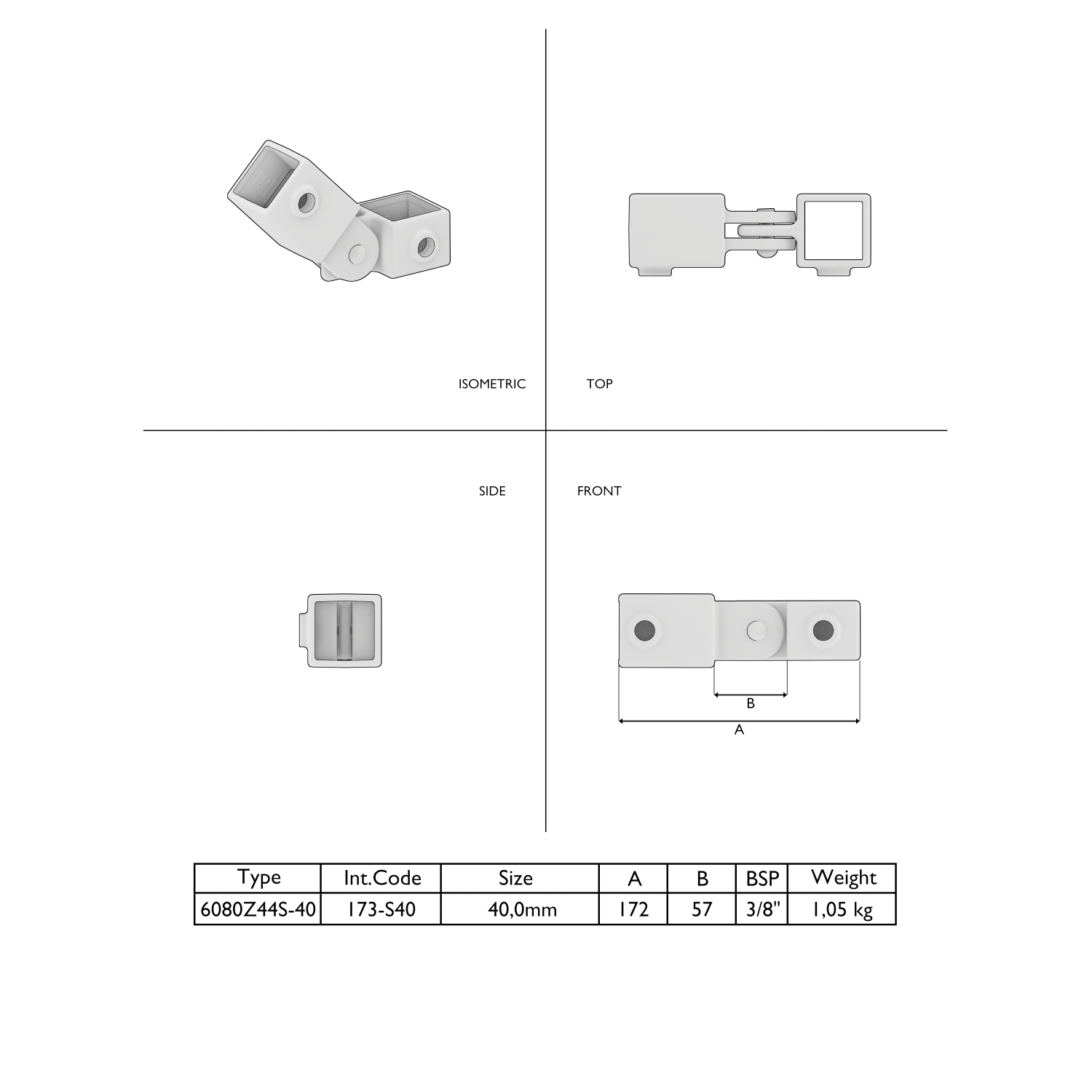Technical drawing of a light grey, rectangular, two-part joint connector (isometric, top, front, side). Swivelling with fixing holes. Table: Type 6080Z44S-40, size 40.0 mm, A 172, B 57, BSP 3/8", 1.05 kg.