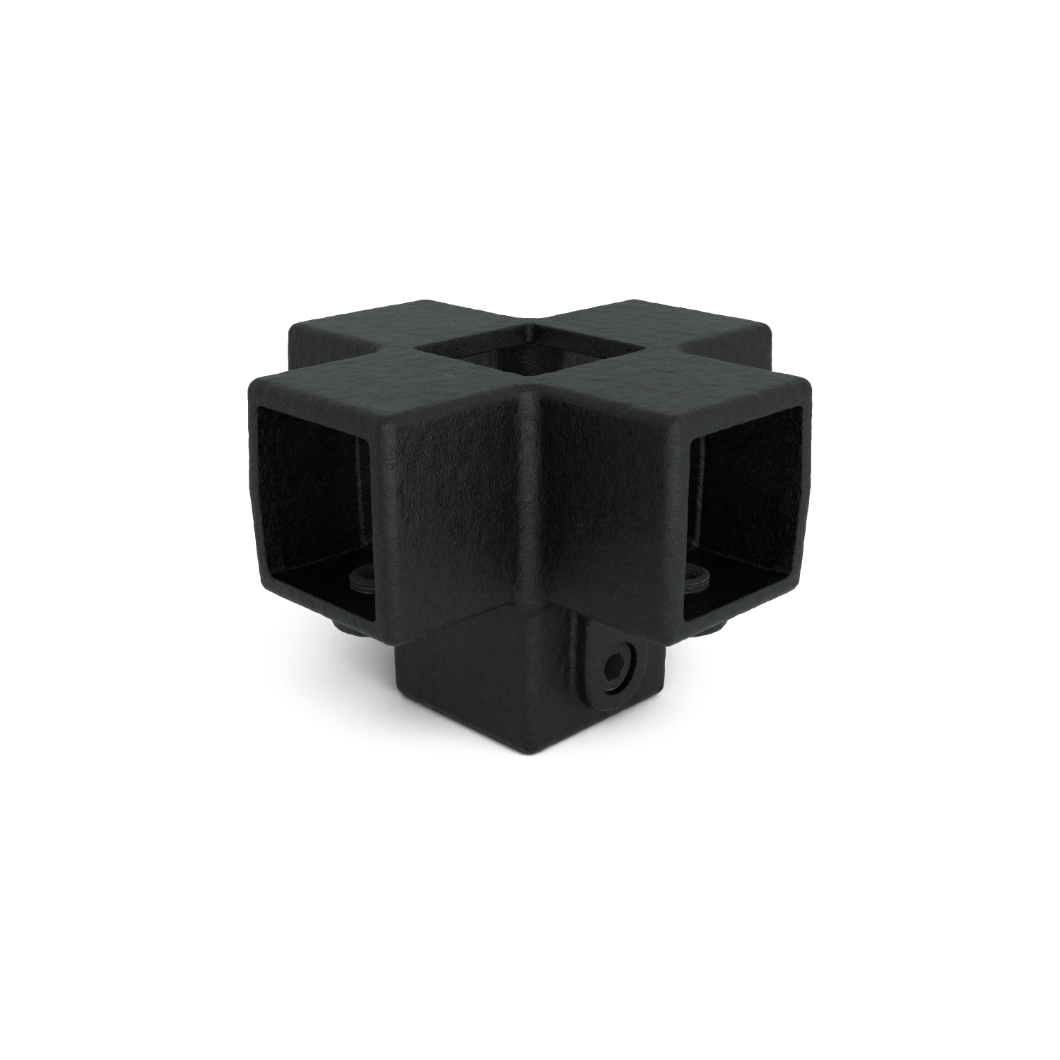 Black, cube-shaped tube connector with a matt, slightly textured finish. Six square openings in all directions for tubes/profiles. Visible internal screws for a stable, secure connection of modular frames/furniture.