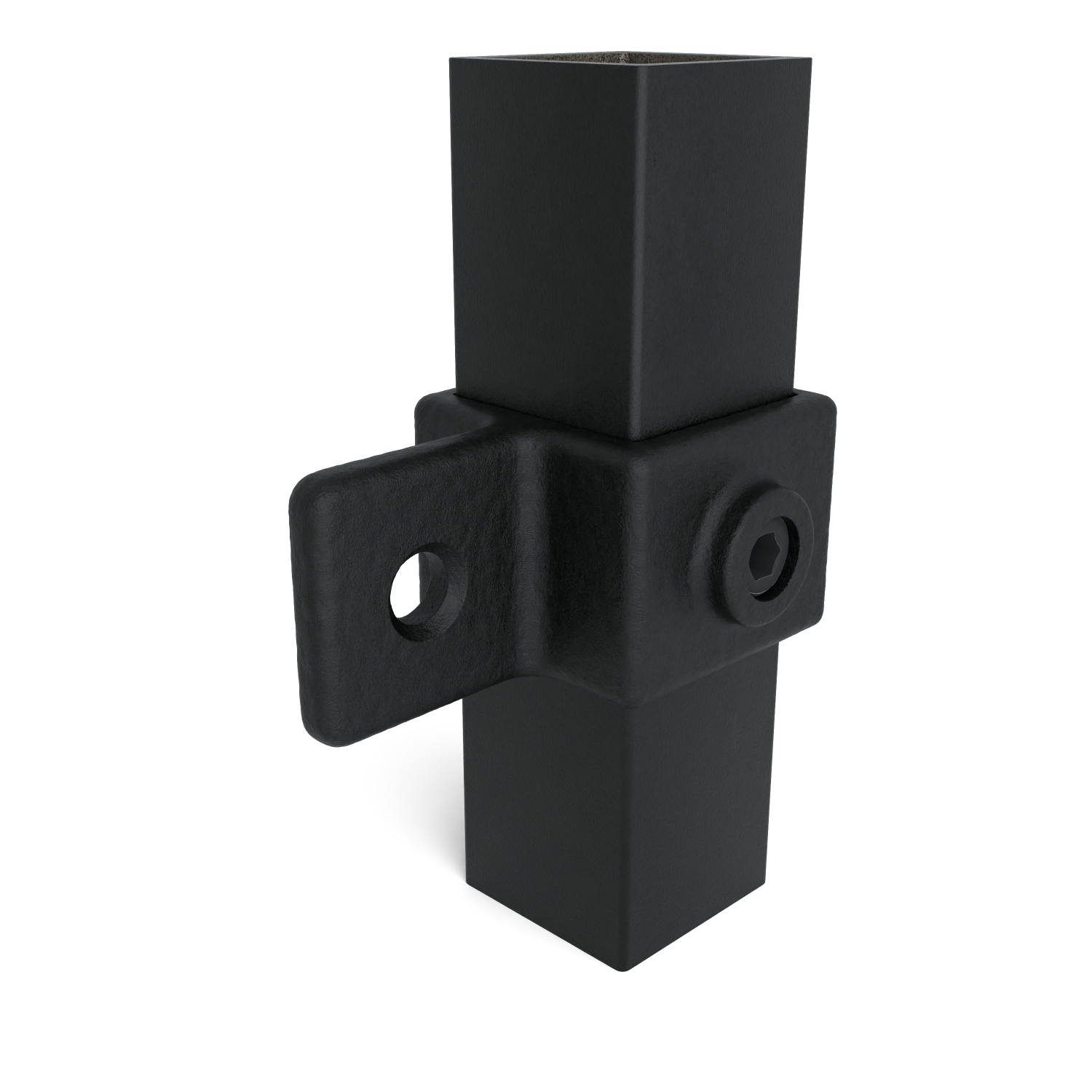 Black, square tube connector: A square tube fits into a matching sleeve with a side eyelet (round hole) and an Allen screw for securing. Matt, slightly textured finish.