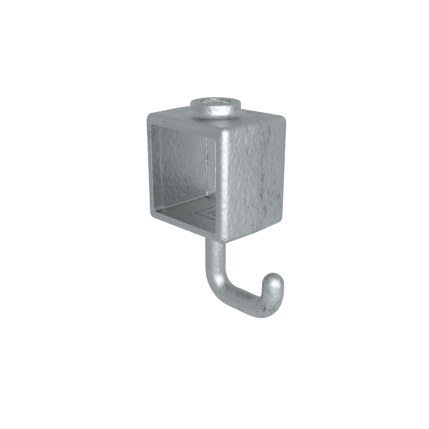 Ein einzelnes, graues Metallstück mit würfelförmiger Oberseite und nach unten gebogenem Haken. Die Würfeloberseite ist hohl und hat mittig eine kreisförmige Öffnung. Das raue, matte Finish deutet auf ein robustes Befestigungselement hin.