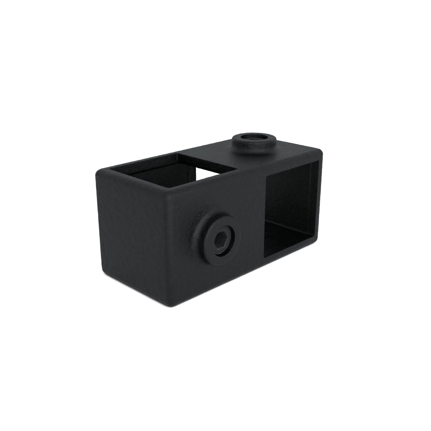 Black, rectangular connecting block made of a matt material, presumably metal or plastic. With two through-holes in a square pattern and a cylindrical protrusion at the top with a round bore. Hexagon socket screw visible at the front.
