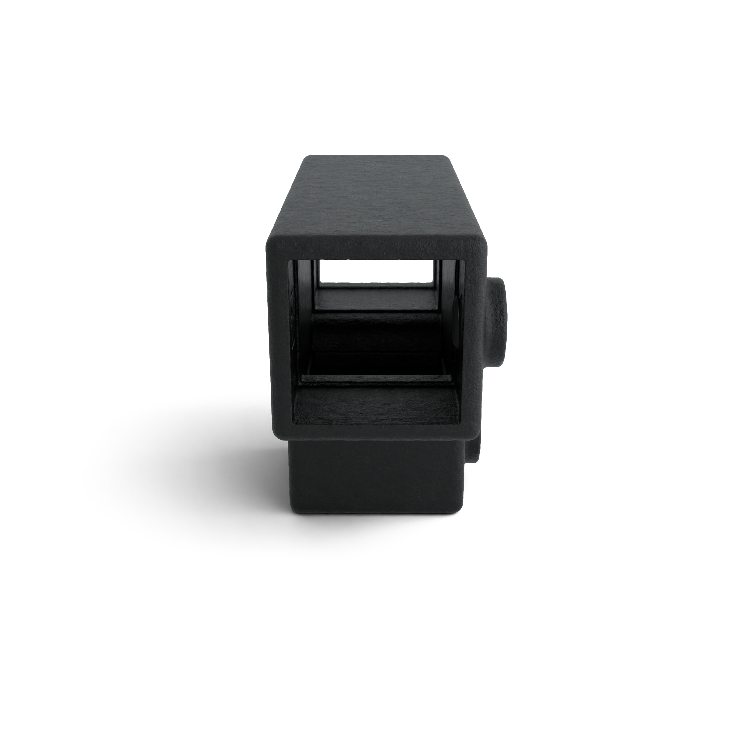 A matt, black, rectangular component with a square cutout at the front. Rough, grainy texture, with a slightly cylindrical protrusion on the right. It sits on a white background and casts a soft shadow beneath it.