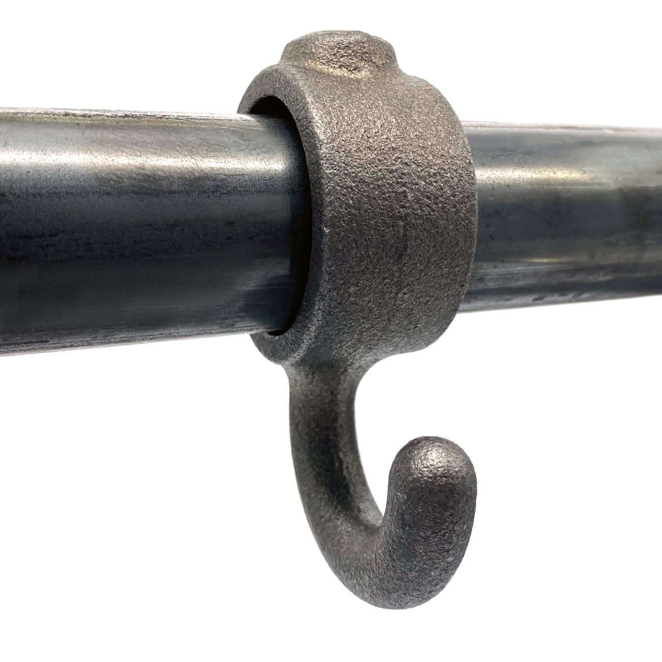 A dark, coarsely textured metal ring with a sturdy, downward-curving hook encircles a shiny, cylindrical metal rod. The ring clamps tightly, its rough surface contrasting with the smooth rod.
