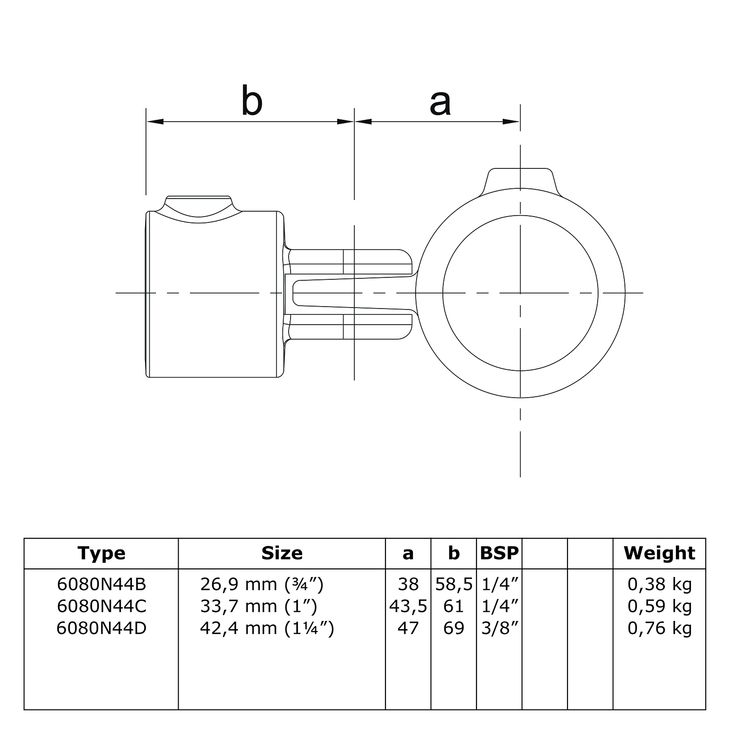 Technical drawing of a joint piece in side view: two connected parts, dimensions ‘a’ and ‘b’. Table below showing variants, sizes (e.g. 26.9 mm), dimensions in mm/inches and weights.