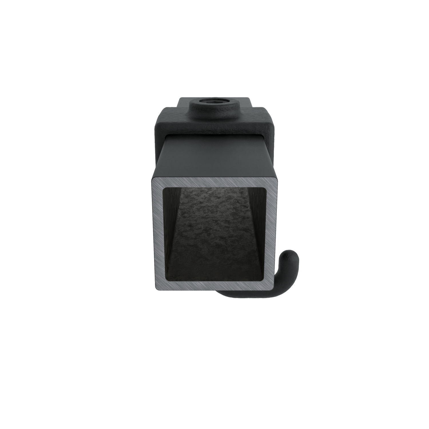 A square, dark metal profile, viewed from the front, with a brushed silver edge and a rough, dark interior. At the top sits a coarsely textured clamp holder with a screw opening. On the right, a curved black hook protrudes downwards.