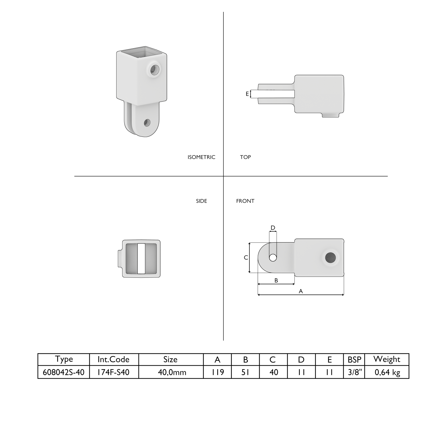 Dessin technique d'un raccord tubulaire carré avec cotes. Plusieurs vues montrent le composant avec un logement rectangulaire et une fourche. Un tableau répertorie les spécifications du modèle 608042S-40, de taille 40 mm et d'un poids de 0,64 kg.