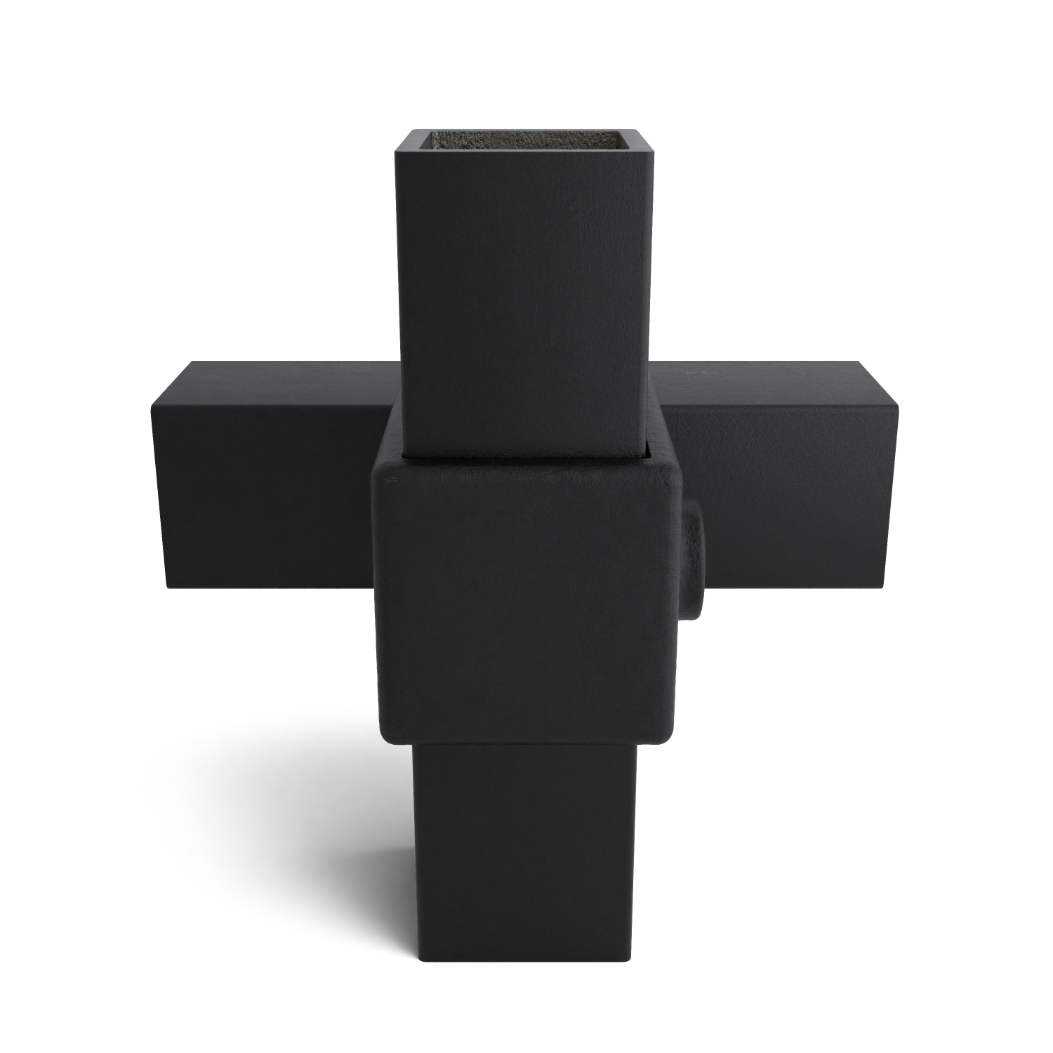 Matt black modular planter composed of rectangular elements arranged in a plus shape. Dark soil in the upper vertical section. Slightly textured, concrete-like finish. Shown on a white background with soft shadows.