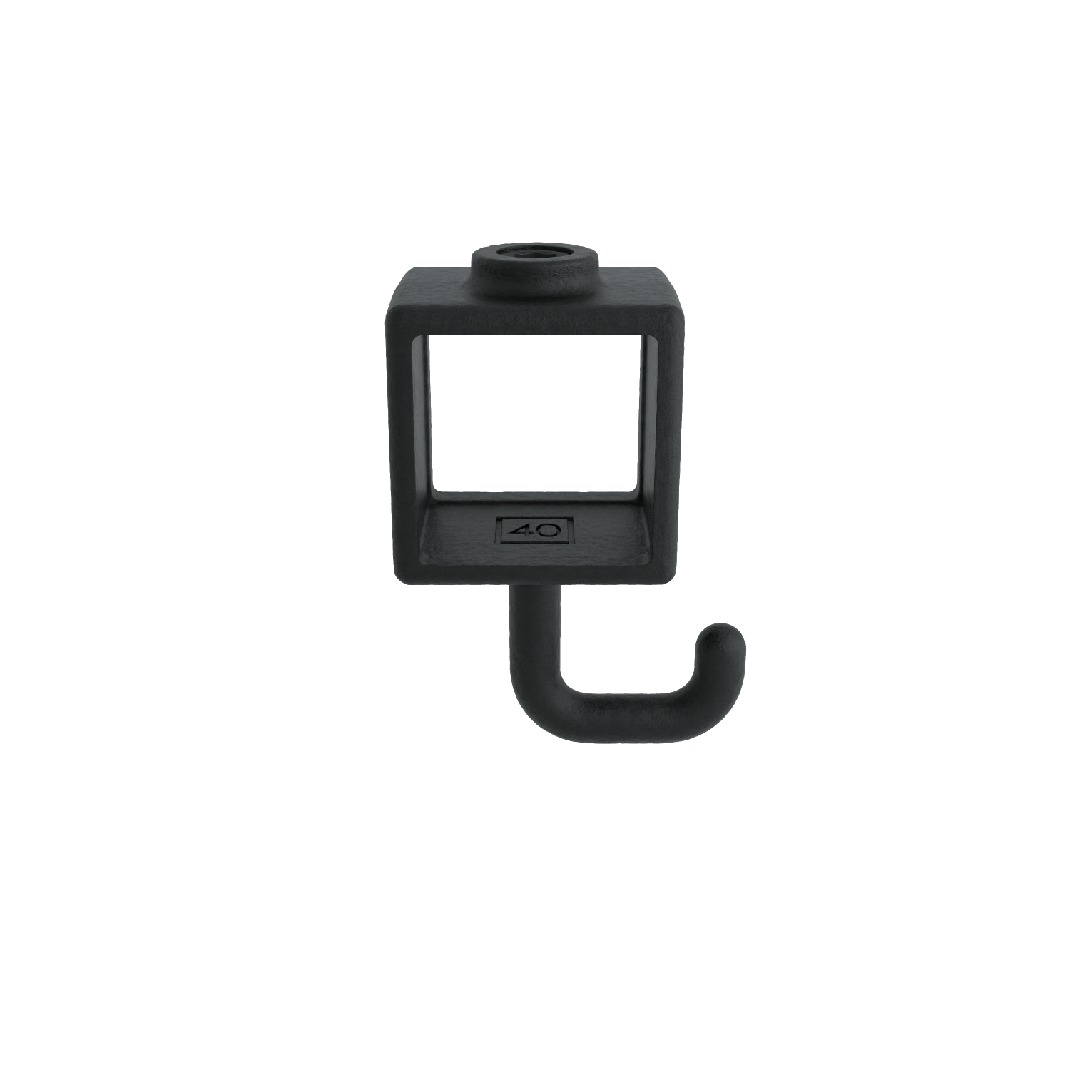 A matt black, rectangular mounting hook on a white background, with a central square opening through which the number '40' is visible. At the top is a round screw socket; at the bottom, a sturdy, rounded hook protrudes forwards and upwards.