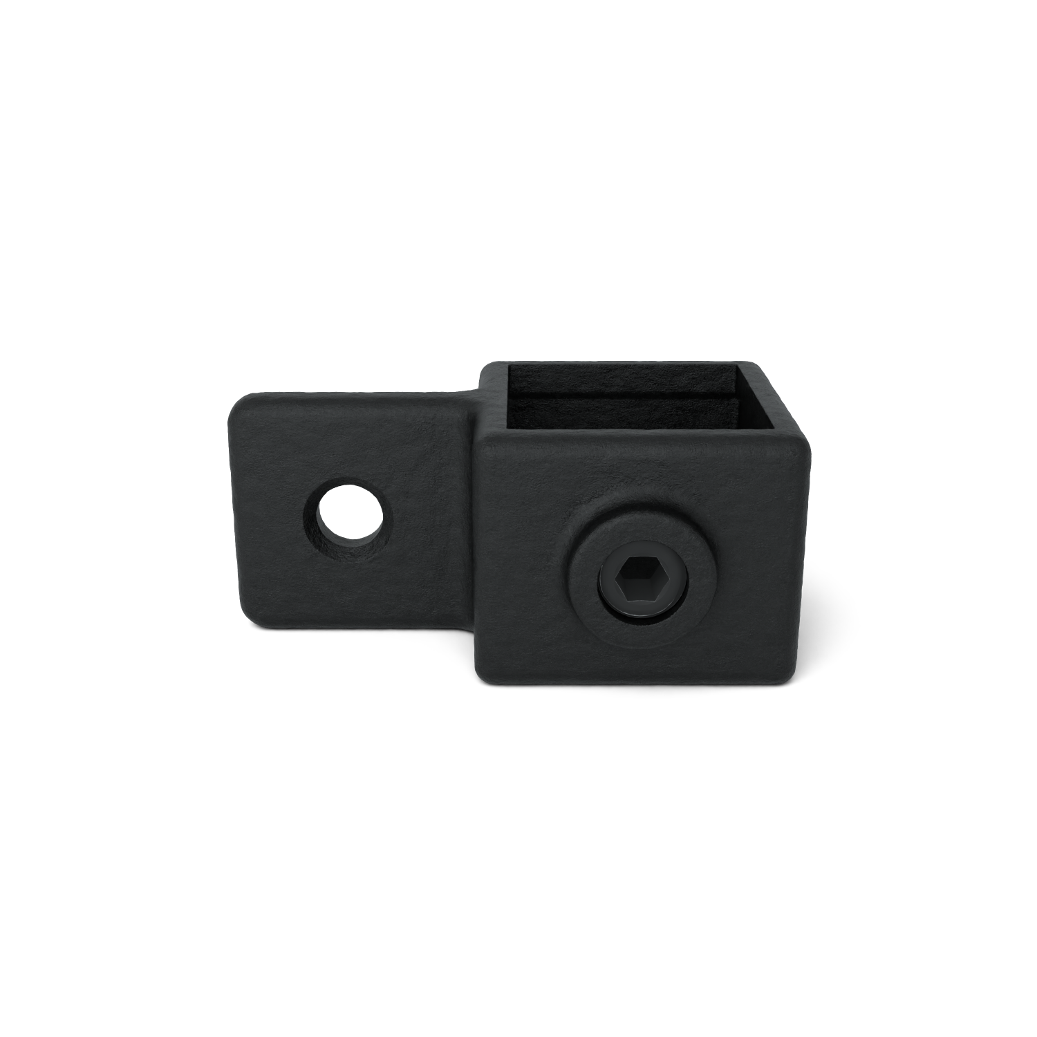 A robust, matt black angle connector with a slightly rough surface. It features a square hollow profile from which a flat tab protrudes at a right angle. The tab has a round hole and an Allen screw on the side.