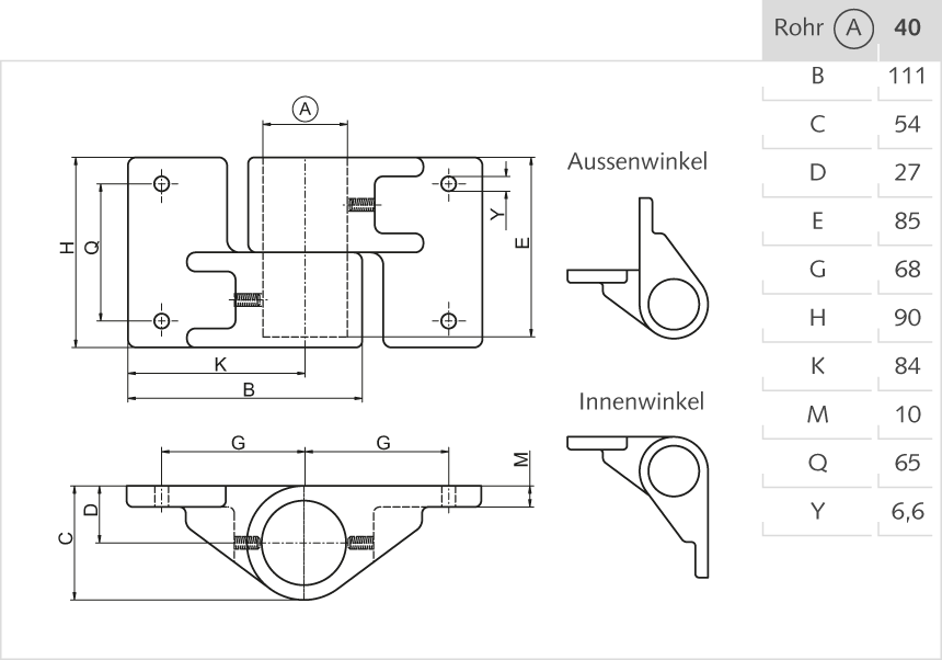 Eck-Rohrlager Aluminium , flexibel 40mm