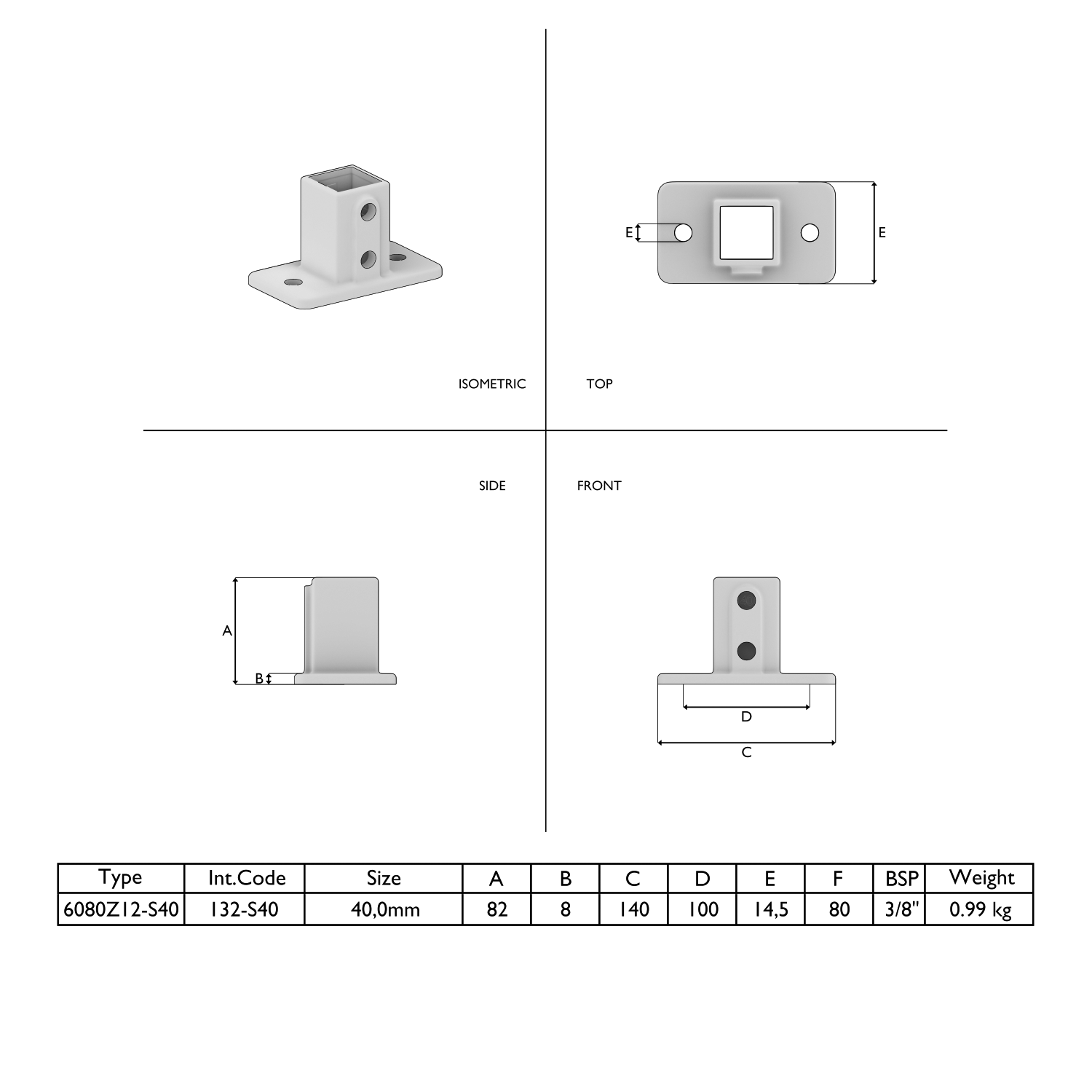 Technische Zeichnungen einer rechteckigen Fussplatte für quadratische Rohre. Vier detaillierte Ansichten des 40 mm Bauteils: isometrisch, Draufsicht, Seiten- und Vorderansicht, plus Tabelle mit genauen Abmessungen.
