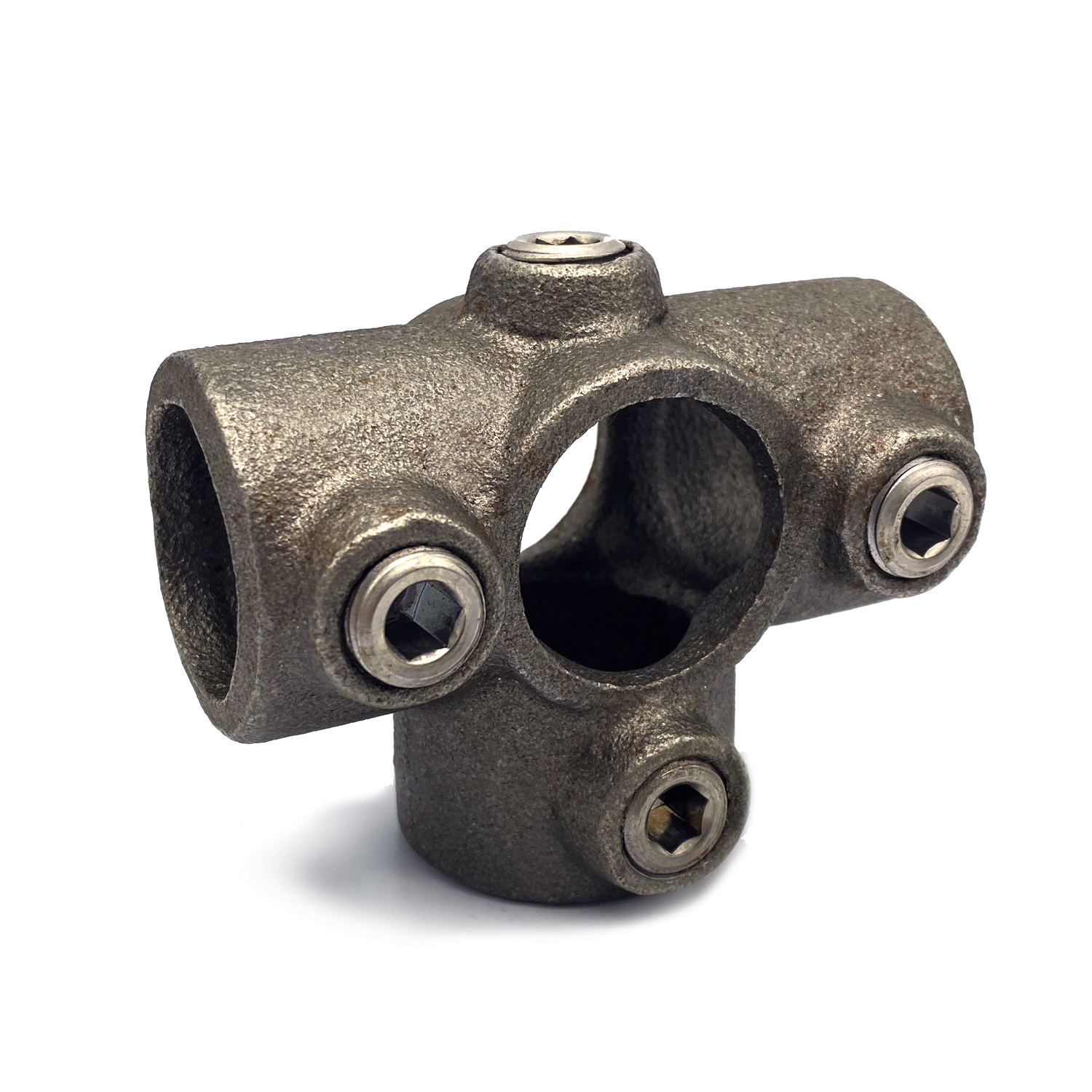 Sturdy, dark grey cast metal T-piece with a rough texture, designed as a connector for support tubes (Ø 26.9 mm). Features three tube openings and several clearly visible Allen screws for secure fastening.