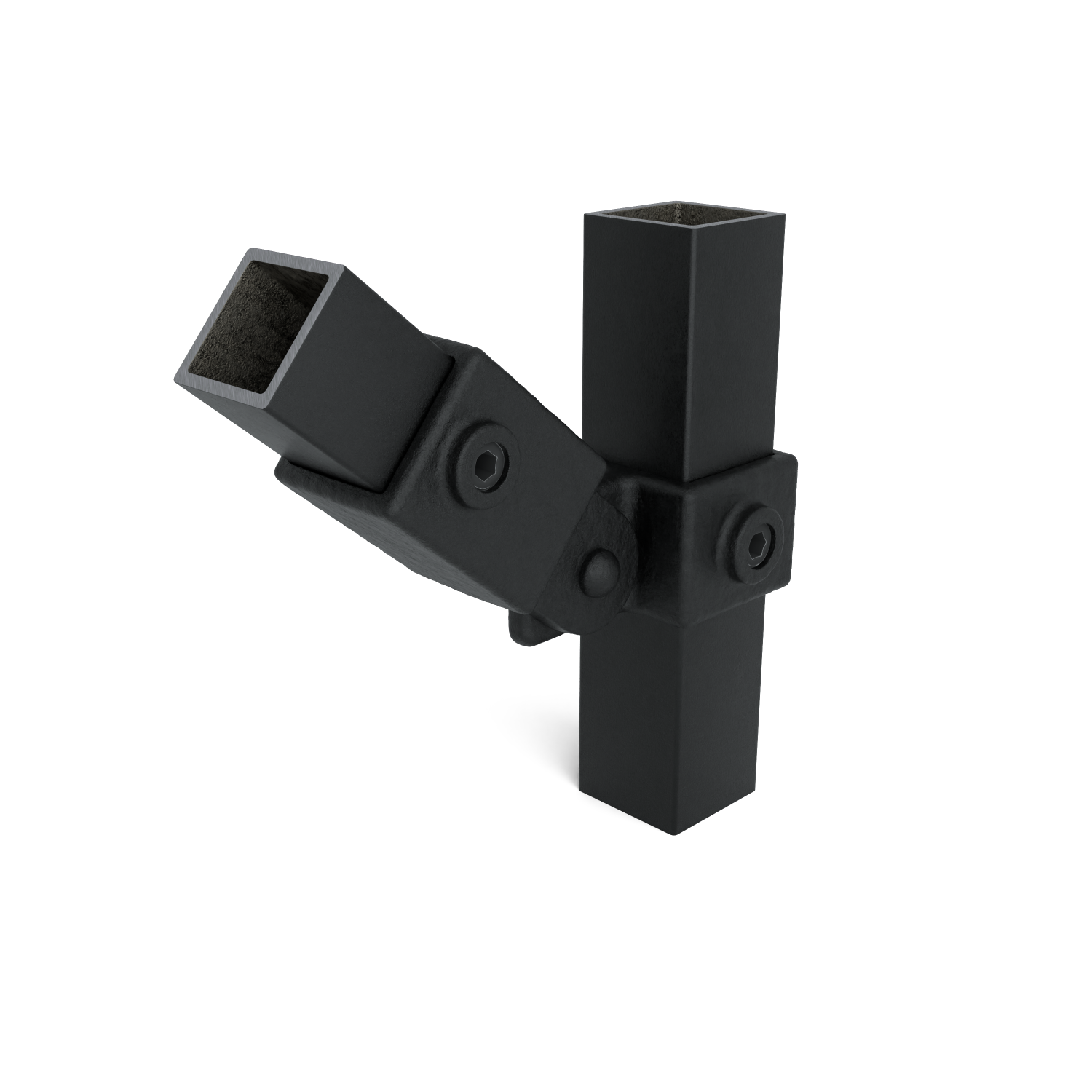 A dark grey metal joint with two square-section tubes. One tube stands vertically, the other angled diagonally upwards to the left, connected by a joint with visible screws. A rough internal structure is visible.