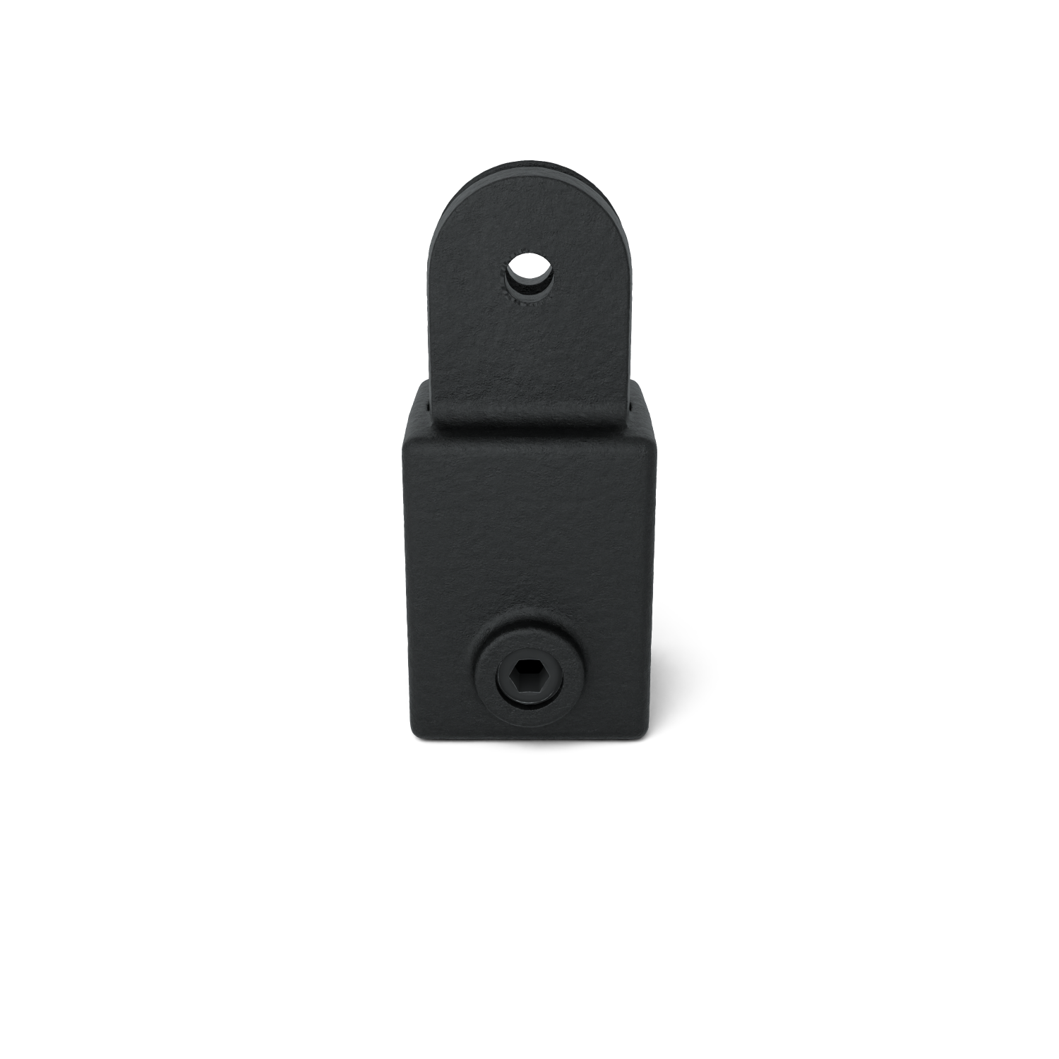 Black matt metal connector with a rectangular base and a rounded bracket. An Allen screw is visible on the side of the base. The bracket has a round opening at the top for mounting/fixing.