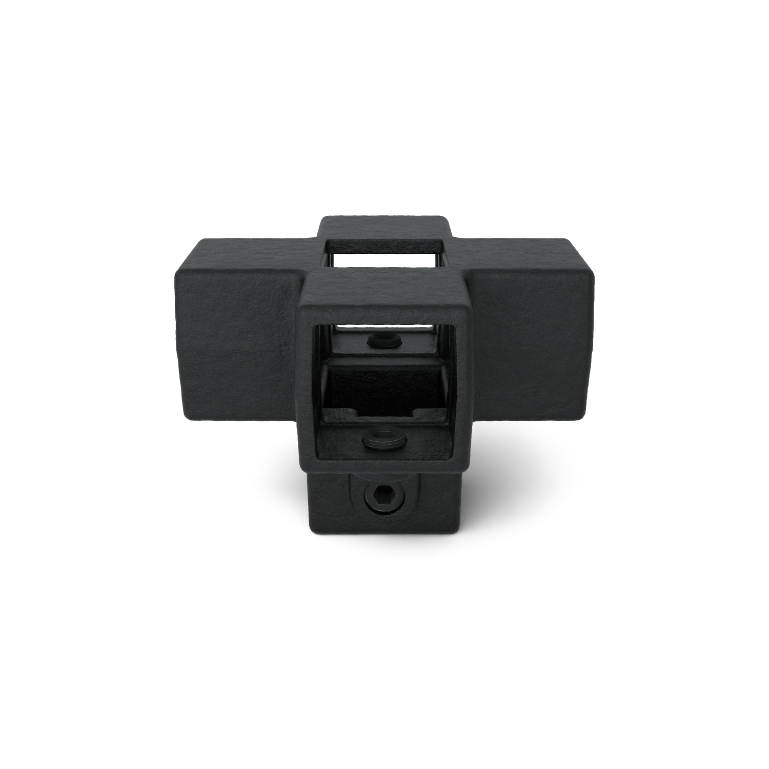 Black, rough-textured, square connector with a central passage and two side arms featuring square openings. Threads/fixing points for screws are visible at the bottom and in the openings.