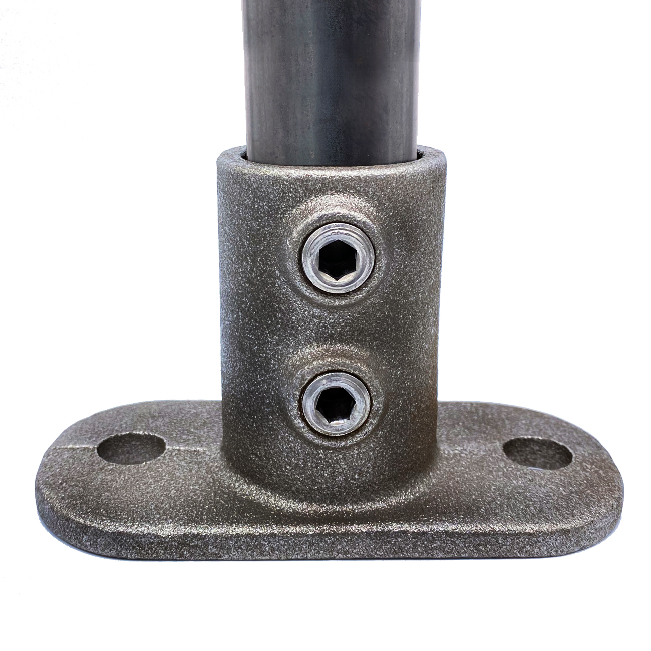 Grey, oval metal base plate with a vertical sleeve into which a dark tube is inserted. Two Allen screws at the front of the sleeve secure the tube. The 33.7 mm base plate has a rough surface and two slotted holes.