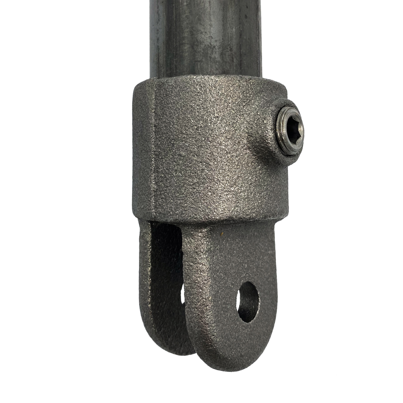 Robust, dark grey cast metal joint holder with a rough, granular surface. For connecting 26.9 mm pipes, with a hexagon head screw for securing. U-shaped fork with a round hole for joint connection.