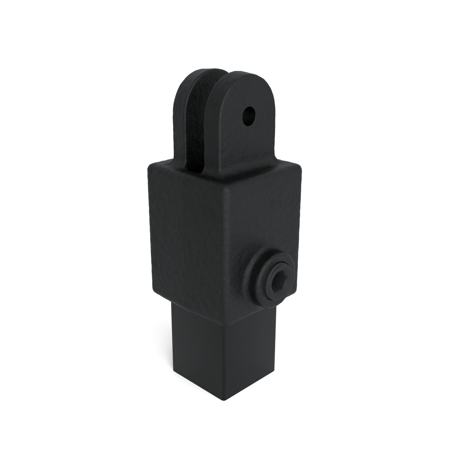 Robuster schwarzgrauer Metallverbinder mit U-förmigem Oberteil und Bohrung für Stift. Quadratischer Mittelteil mit sichtbarer Inbusschraube seitlich. Unterteil quadratisch, etwas schmaler. Raue matte Oberfläche, isoliert auf Weiß.