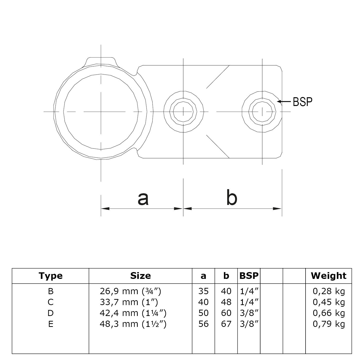 Kreuz T-Stück, kombiniert 48,3 mm (1½”)