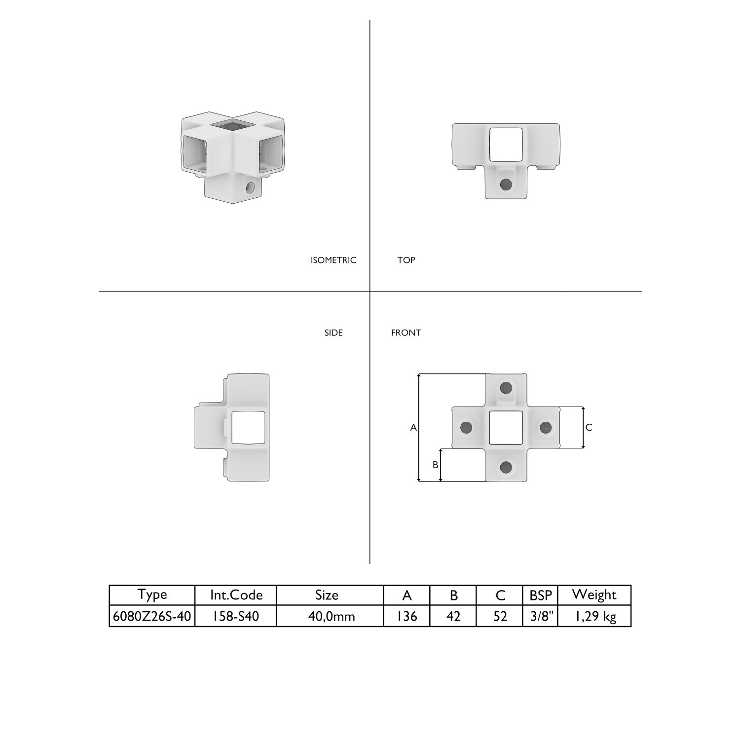 Technical drawing of a white, cube-shaped pipe connector with several square openings. Isometric view as well as top, side and front views. Front view with dimensions A, B, C. Table showing type, size and weight.