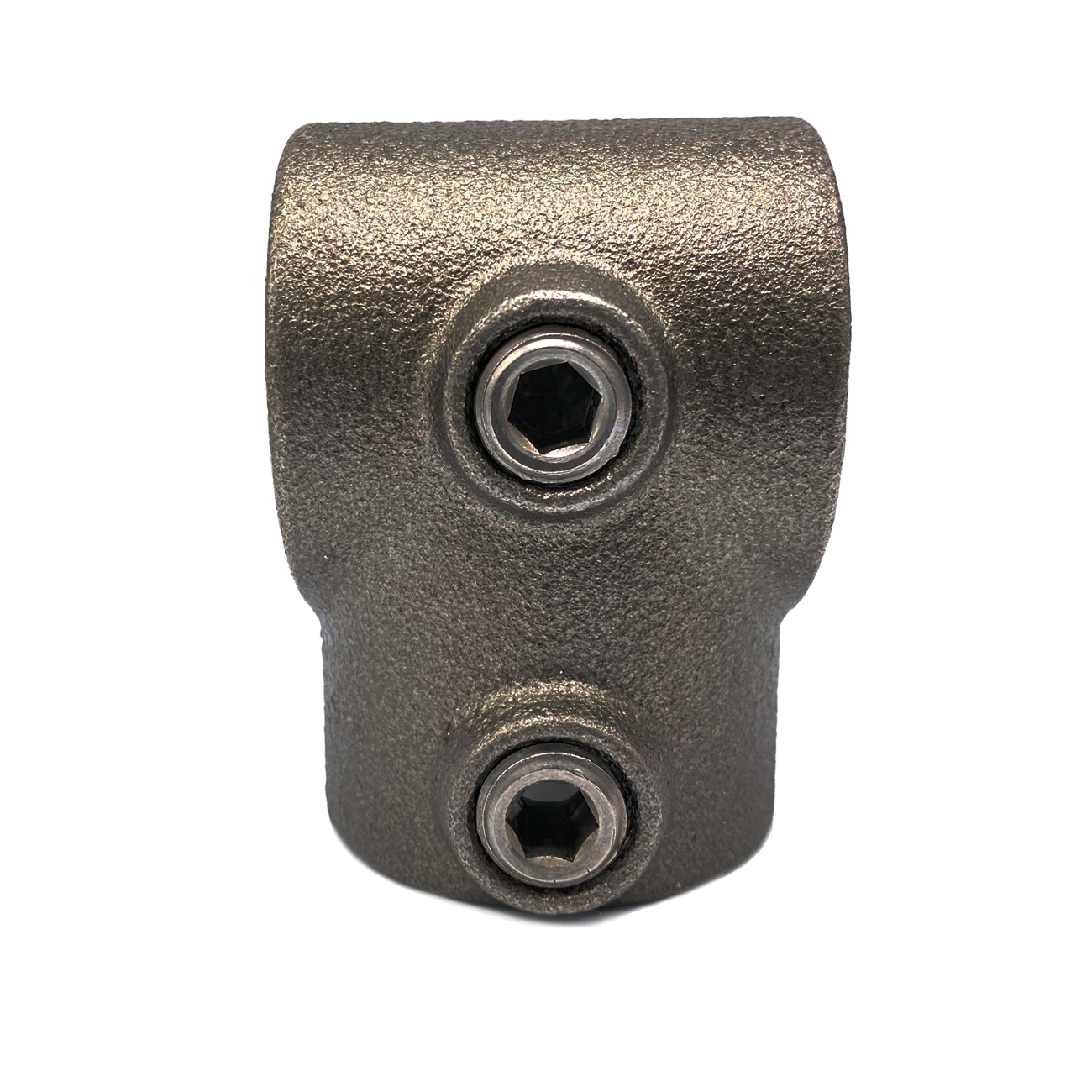 Grey, short-section metal T-piece for pipe connections with a rough, matt finish. Two Allen screws for securing are visible at the front. Fitting Ø 42.4 mm for a stable 90-degree connection of three pipes.