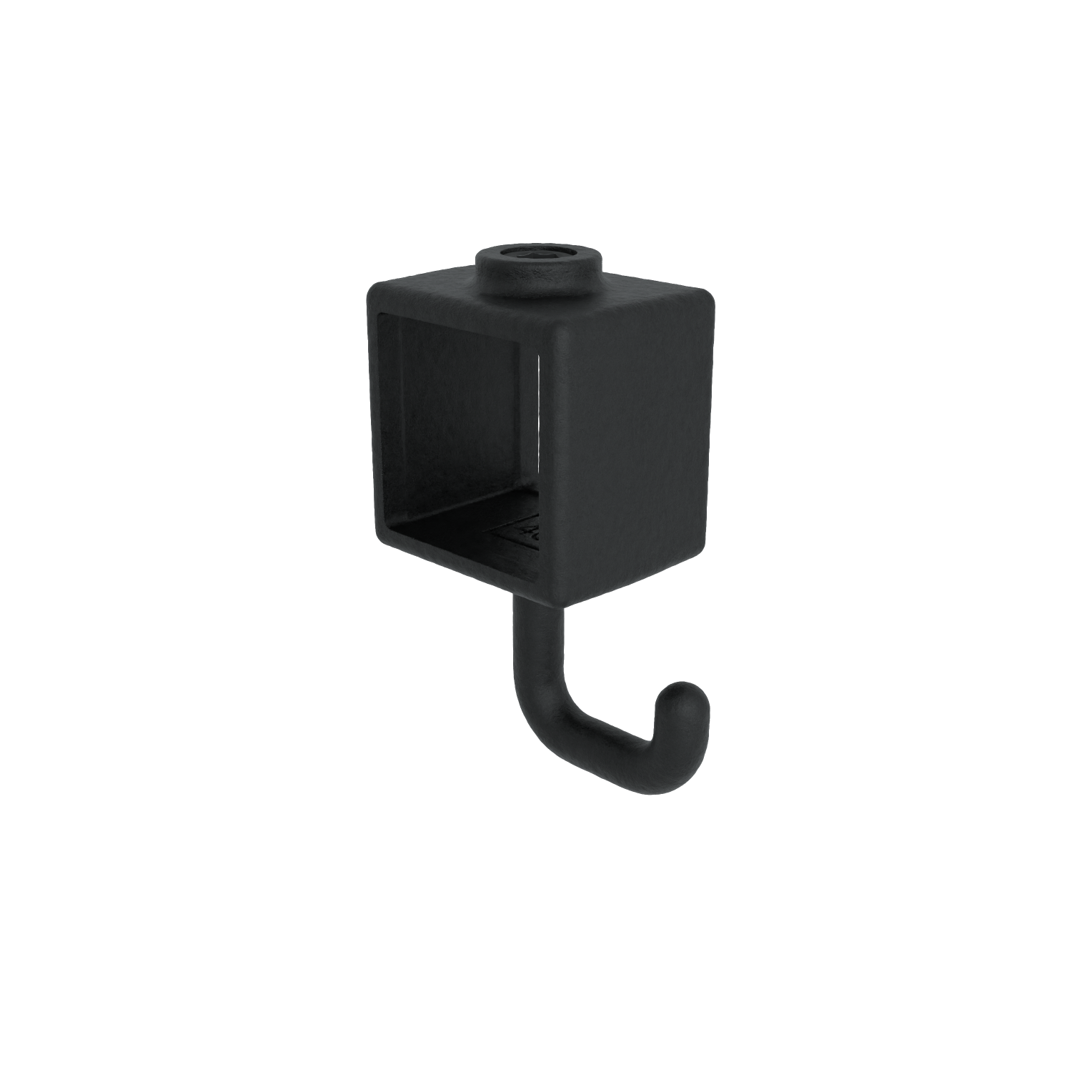 Black, cube-shaped hanging hook with a cylindrical opening at the top. The solid hook curves forwards and downwards from the underside. The inner cavity is rectangular, suggesting it is ready for installation. Matt finish, white background.