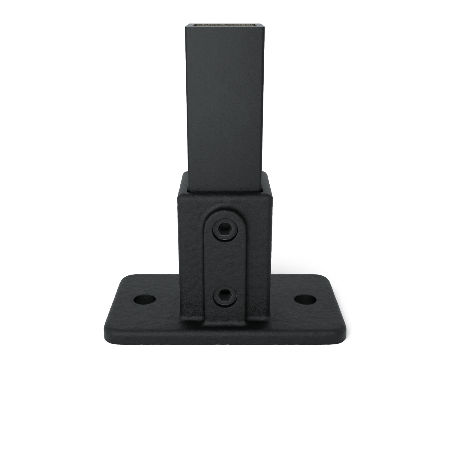 Black rectangular base plate with a permanently attached, upright square tube. Plate with two fixing holes on the side; tube secured to the base with two black hexagon head screws. Matt finish; for stabilisation purposes only; not for safety railings.