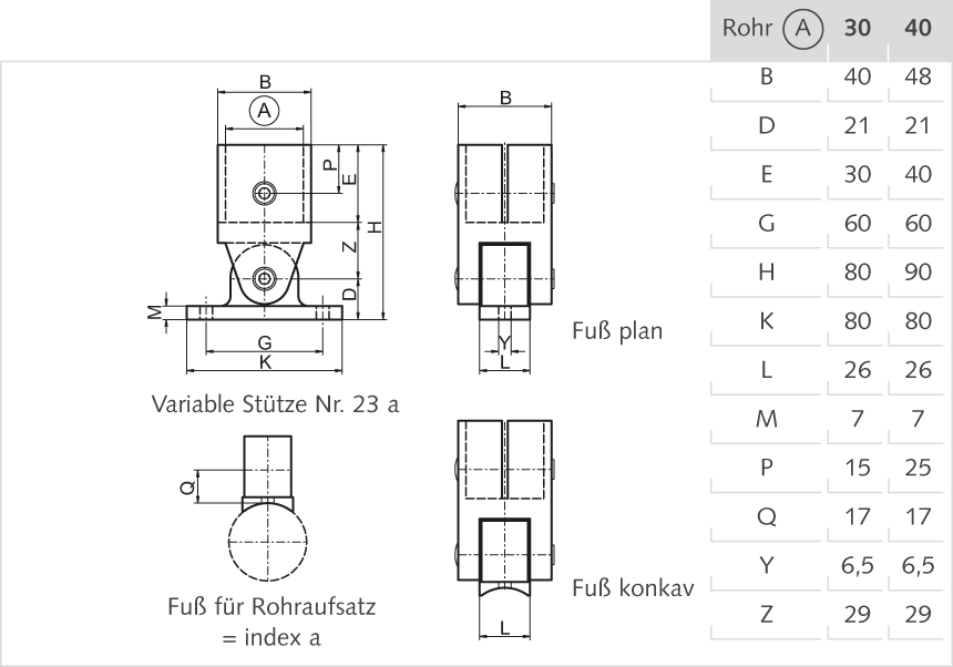 variable Stütze Aluminium 30mm, Fuss plan