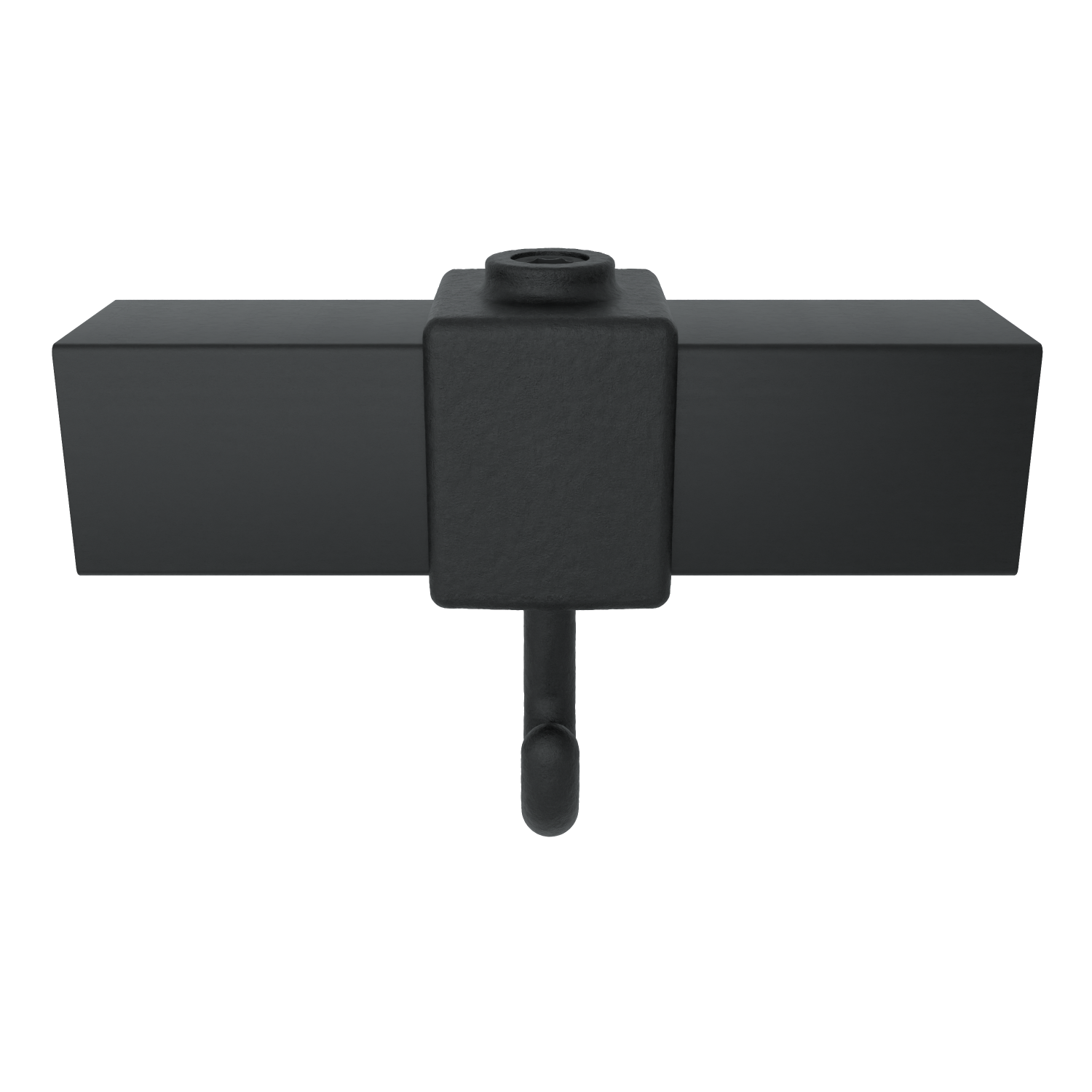 A black, matt clamp hook with a central square block from which flat, rectangular arms extend horizontally to the left and right. Beneath the block is a sturdy, downward-curving hook; at the top is a round recess.