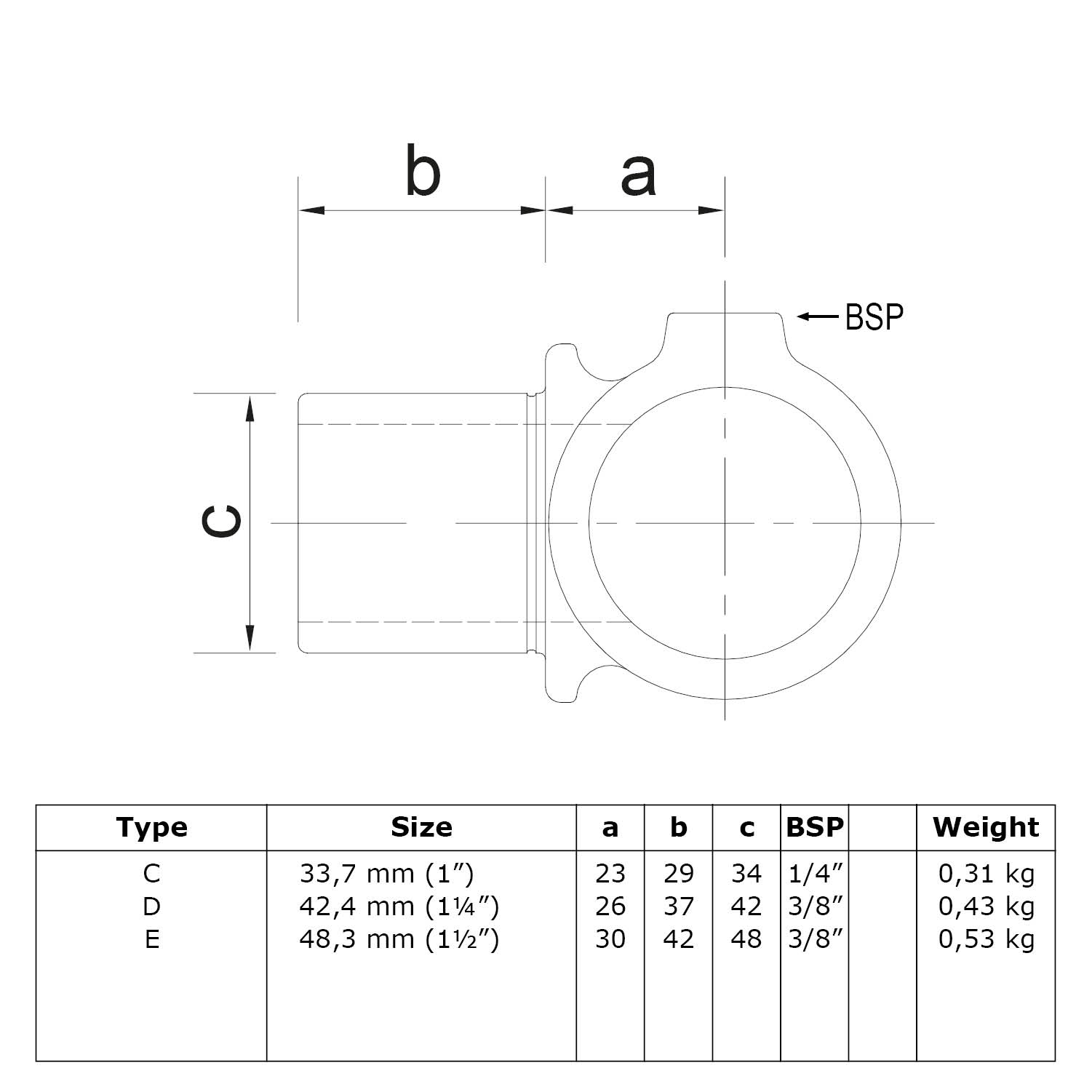 Innenseitig drehbares T-Stück 42,4 mm (1¼”)