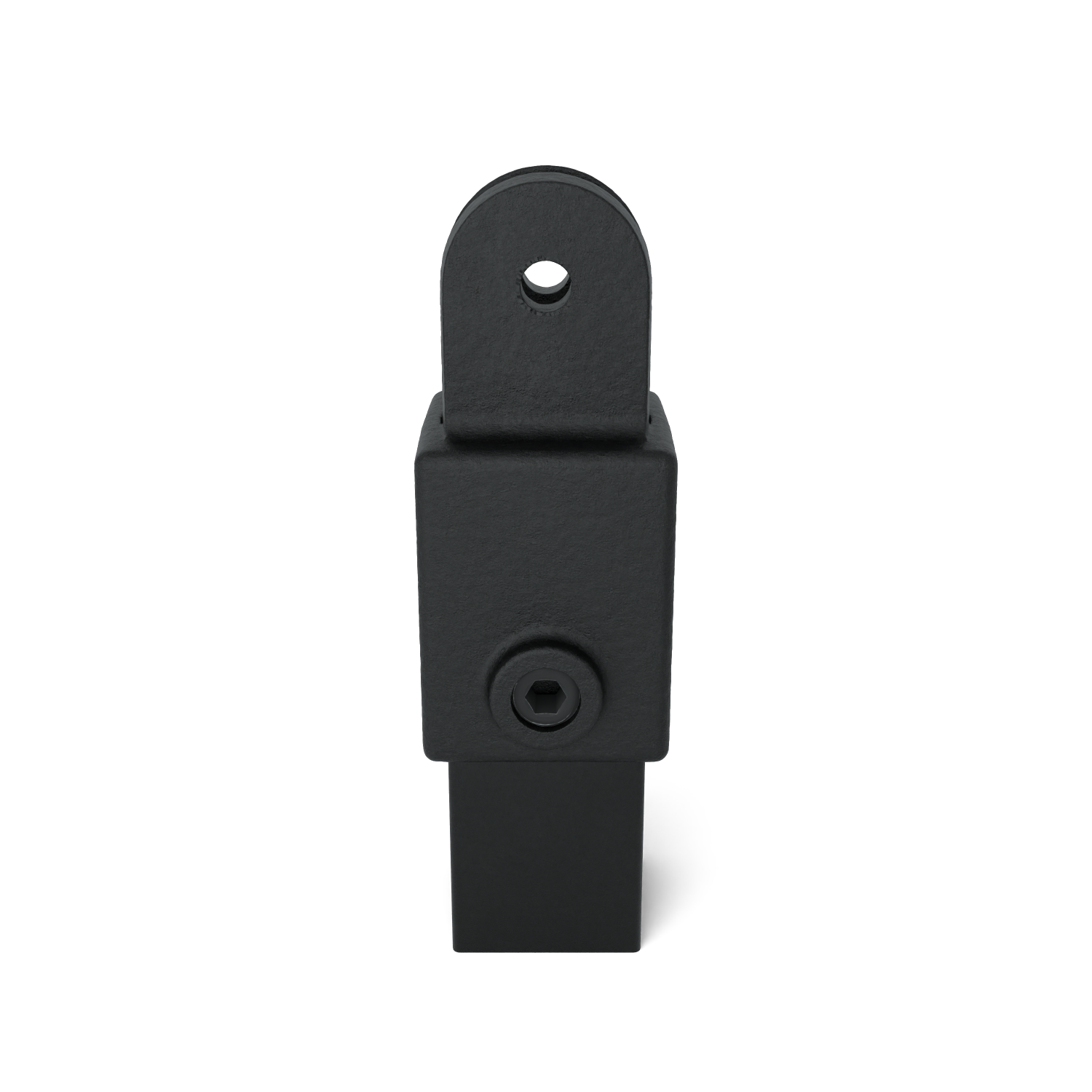 Black, matt metal connector with a square shaft that transitions into a block-shaped body. Visible Allen screw on the front. Rounded tab at the top with a through-hole for fixing or pivoting.