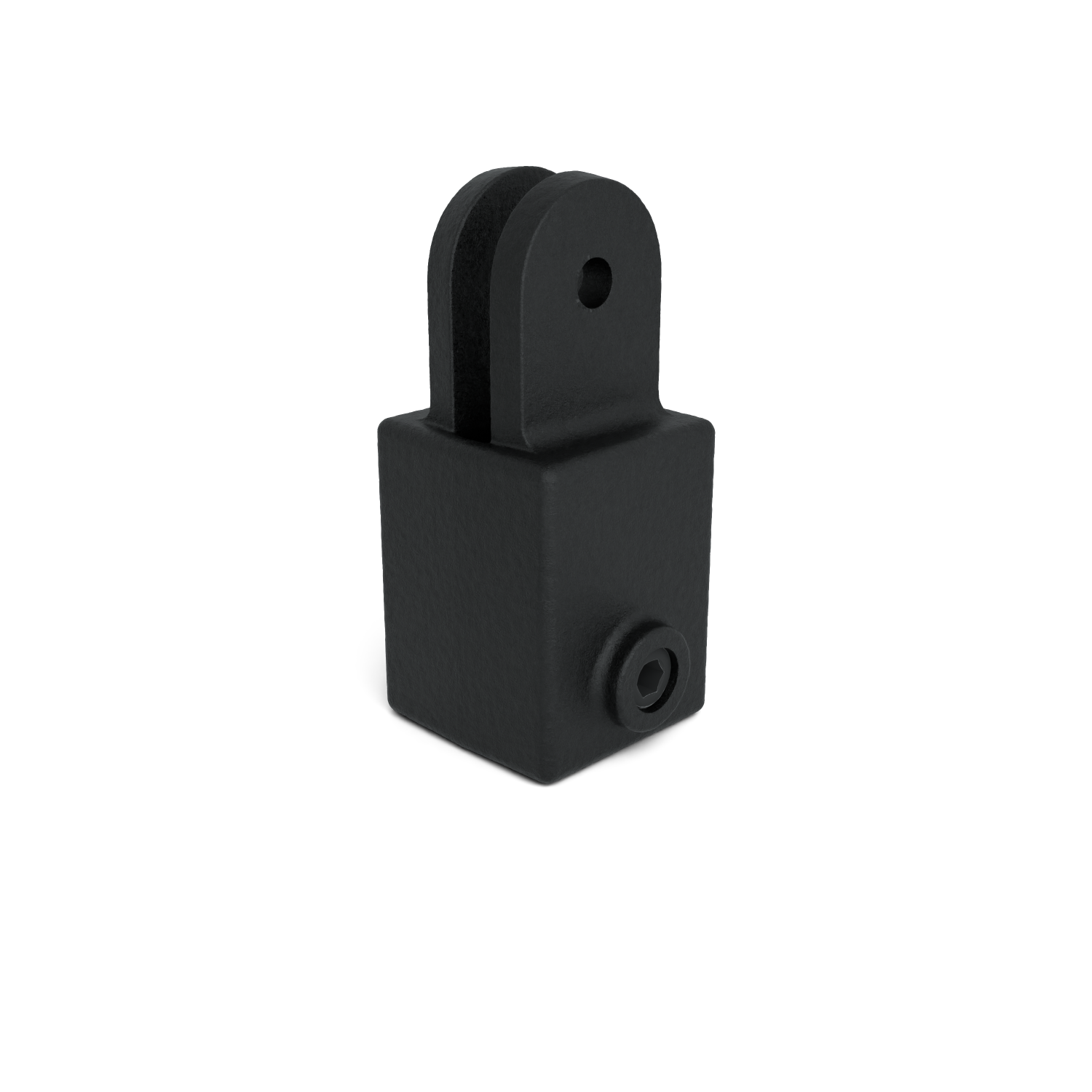 Black, coarsely textured metal connector with a square base. A hexagon head screw is visible on one side. At the top is a U-shaped fork with a through-hole for fastening.