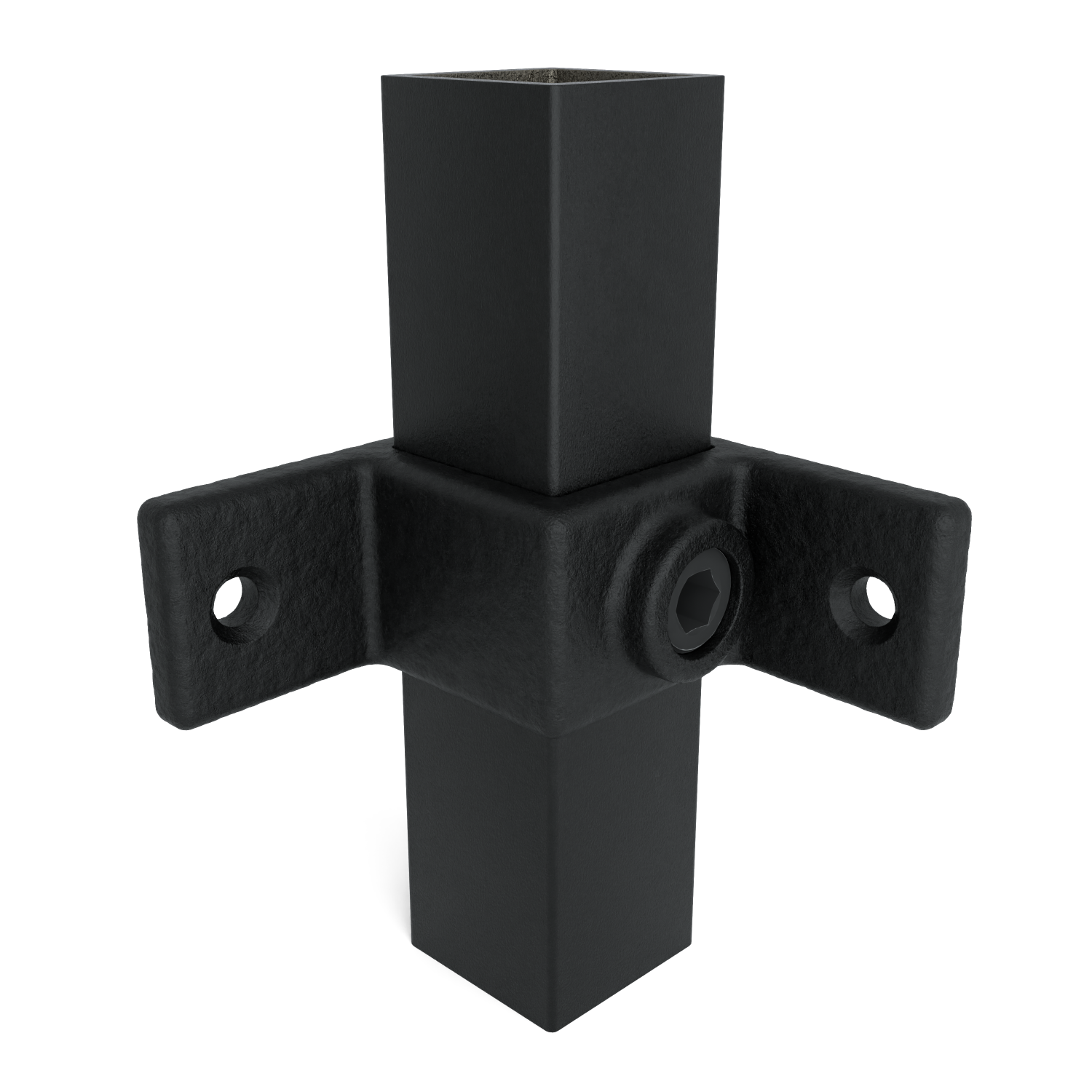 Schwarzer modularer Rohrverbinder aus Metall mit rauer Oberfläche. Drei quadratische Rohrelemente am Mittelstück: eins nach oben, eins nach unten, eins seitlich. Zwei Befestigungsflansche mit Bohrlöchern, Inbusschraube sichtbar.