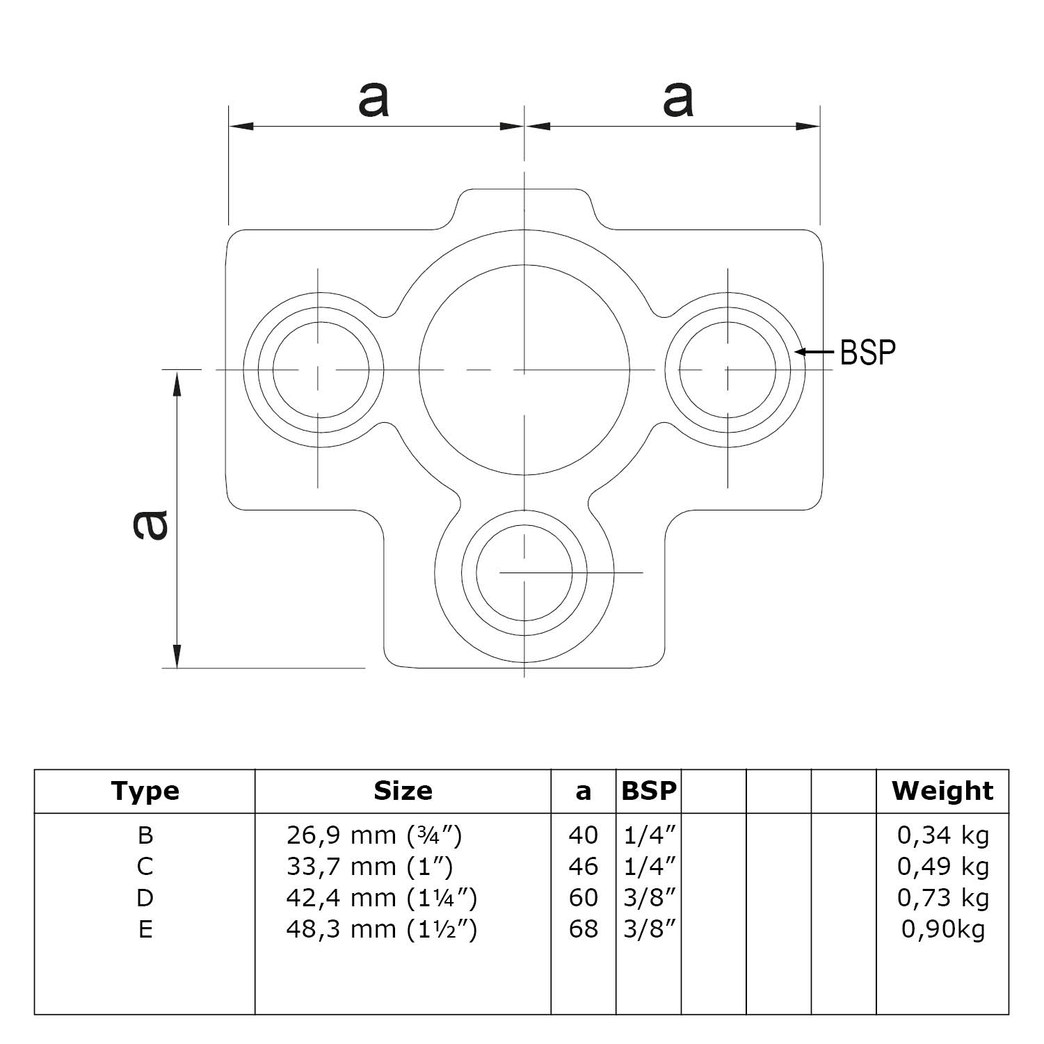 T-Stück für Stützrohr, schwarz 26,9 mm (¾”)