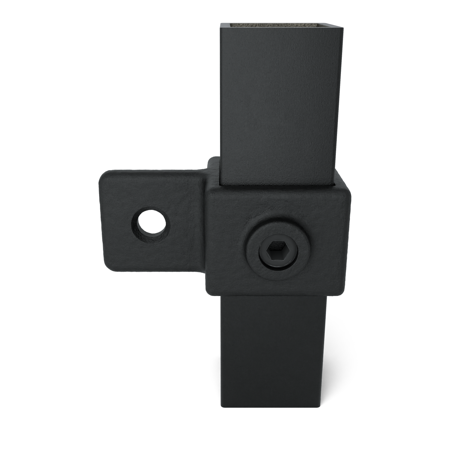 Black, matt metal connector/bracket with a rough surface. Features a vertical, square element, visible at the top and bottom. In the centre, a lateral element intersects with a mounting plate, featuring a round hole and an Allen screw.